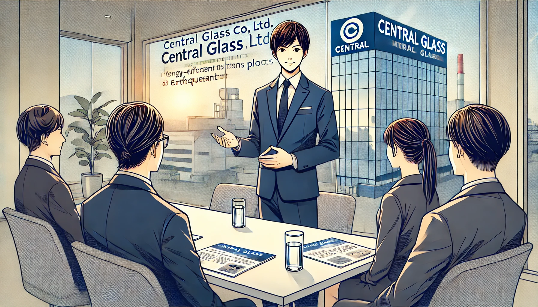 An image depicting a job interview at Central Glass Co., Ltd., a Japanese glass manufacturer specializing in energy-efficient and earthquake-resistant glass products. The image should show a Japanese person in a formal suit, confidently presenting to interviewers in a modern office setting with the company's logo visible in the background.