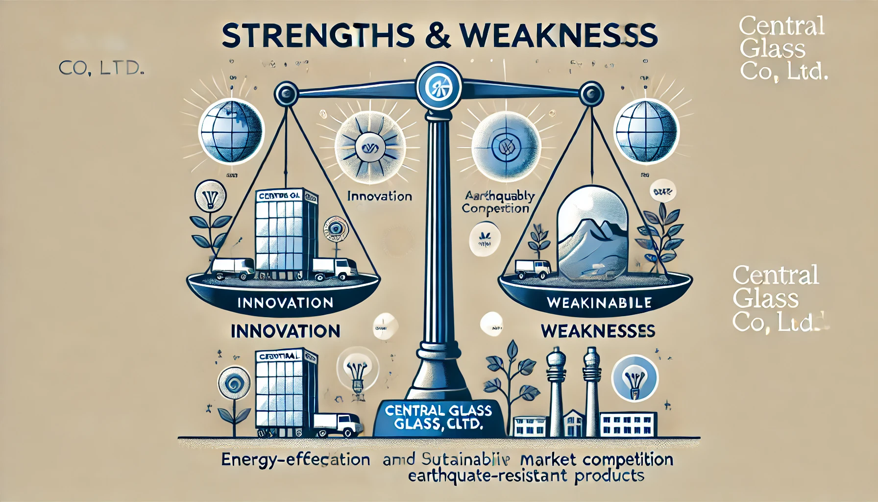 An image illustrating the strengths and weaknesses of Central Glass Co., Ltd., a Japanese glass manufacturer specializing in energy-efficient and earthquake-resistant glass products. The image should show a balanced scale with strengths like innovation and sustainability on one side, and weaknesses like market competition on the other, with the company's logo in the background.