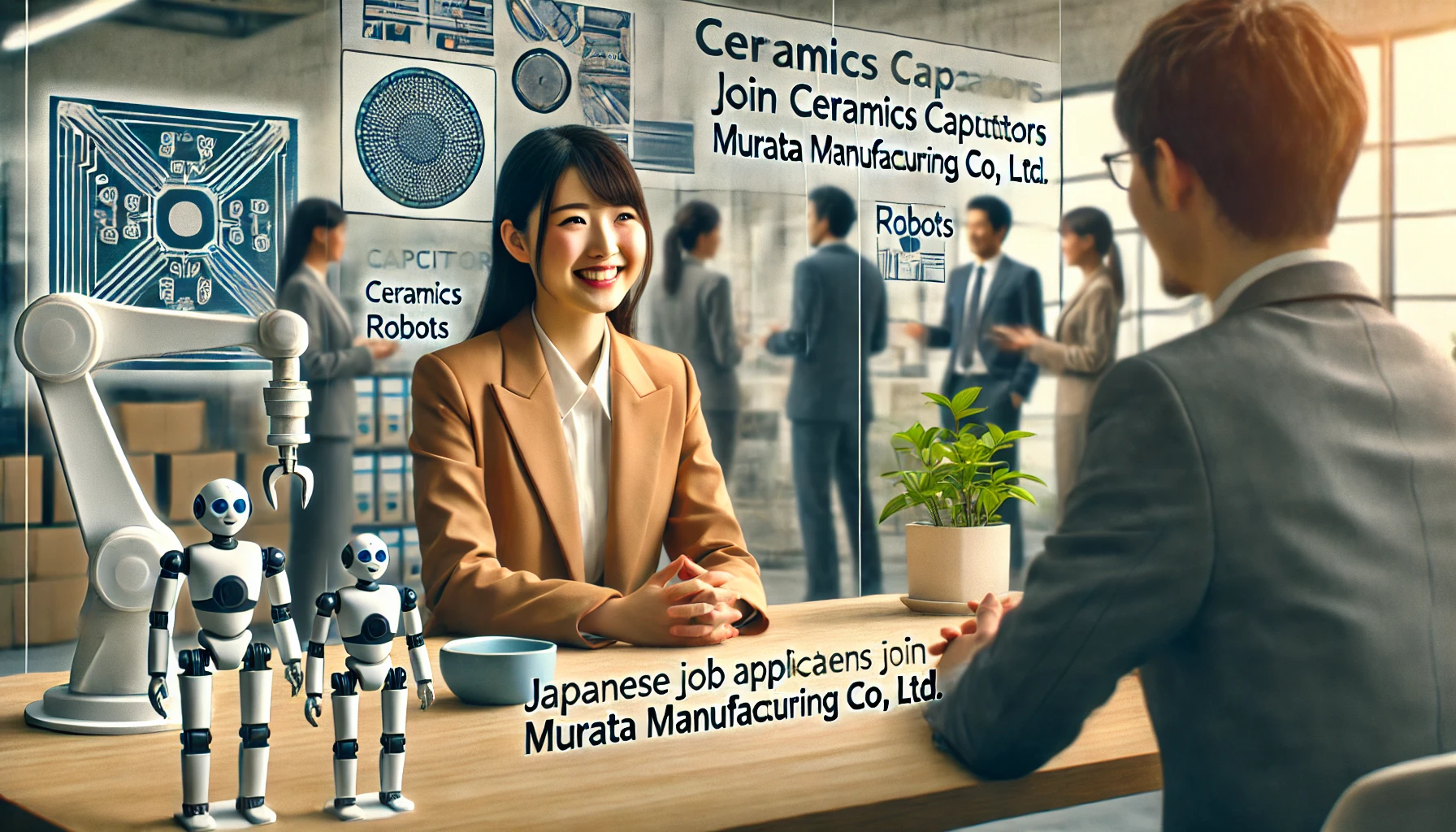 A professional office environment where Japanese job applicants are discussing their aspirations to join Murata Manufacturing Co., Ltd. The setting should include elements like ceramics capacitors, robots, and machine parts to highlight the company's focus. The atmosphere should be positive and hopeful, reflecting the applicants' enthusiasm and readiness for a successful career with Murata Manufacturing Co., Ltd.