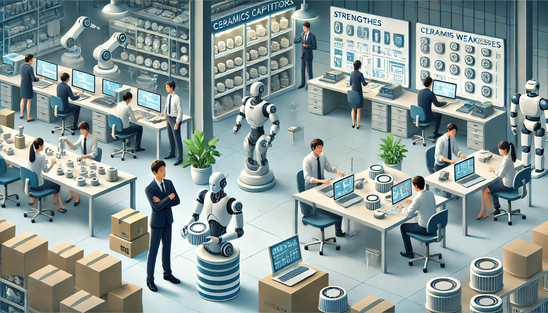 A modern office environment with Japanese employees working on ceramics capacitors, robots, and machine parts. The setting should illustrate the strengths and weaknesses of Murata Manufacturing Co., Ltd., with a focus on teamwork and innovation. The background should show various technological equipment and prototypes, emphasizing both achievements and challenges.