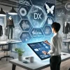 An illustration of a modern apparel design studio utilizing digital transformation (DX) technologies. The scene includes digital screens displaying various clothing designs and a Japanese designer working on a digital tablet. The setting is sleek and contemporary, emphasizing high-tech innovation in apparel design.