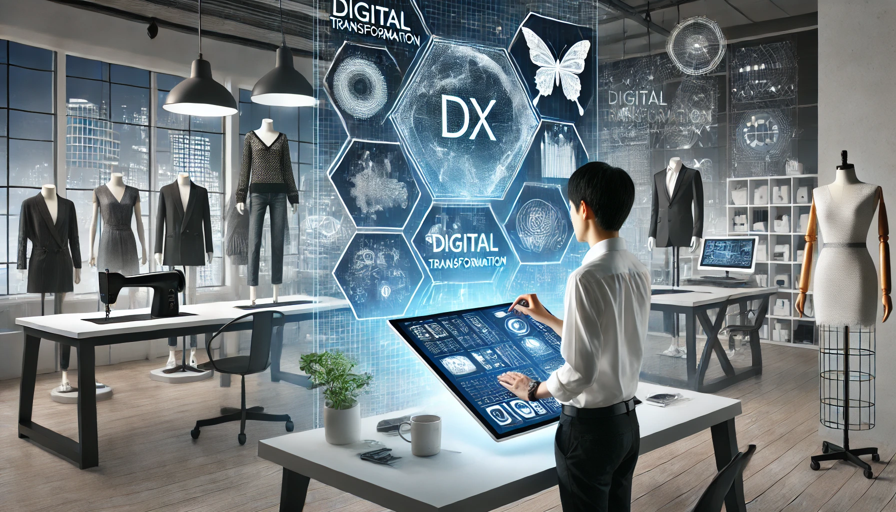 An illustration of a modern apparel design studio utilizing digital transformation (DX) technologies. The scene includes digital screens displaying various clothing designs and a Japanese designer working on a digital tablet. The setting is sleek and contemporary, emphasizing high-tech innovation in apparel design.