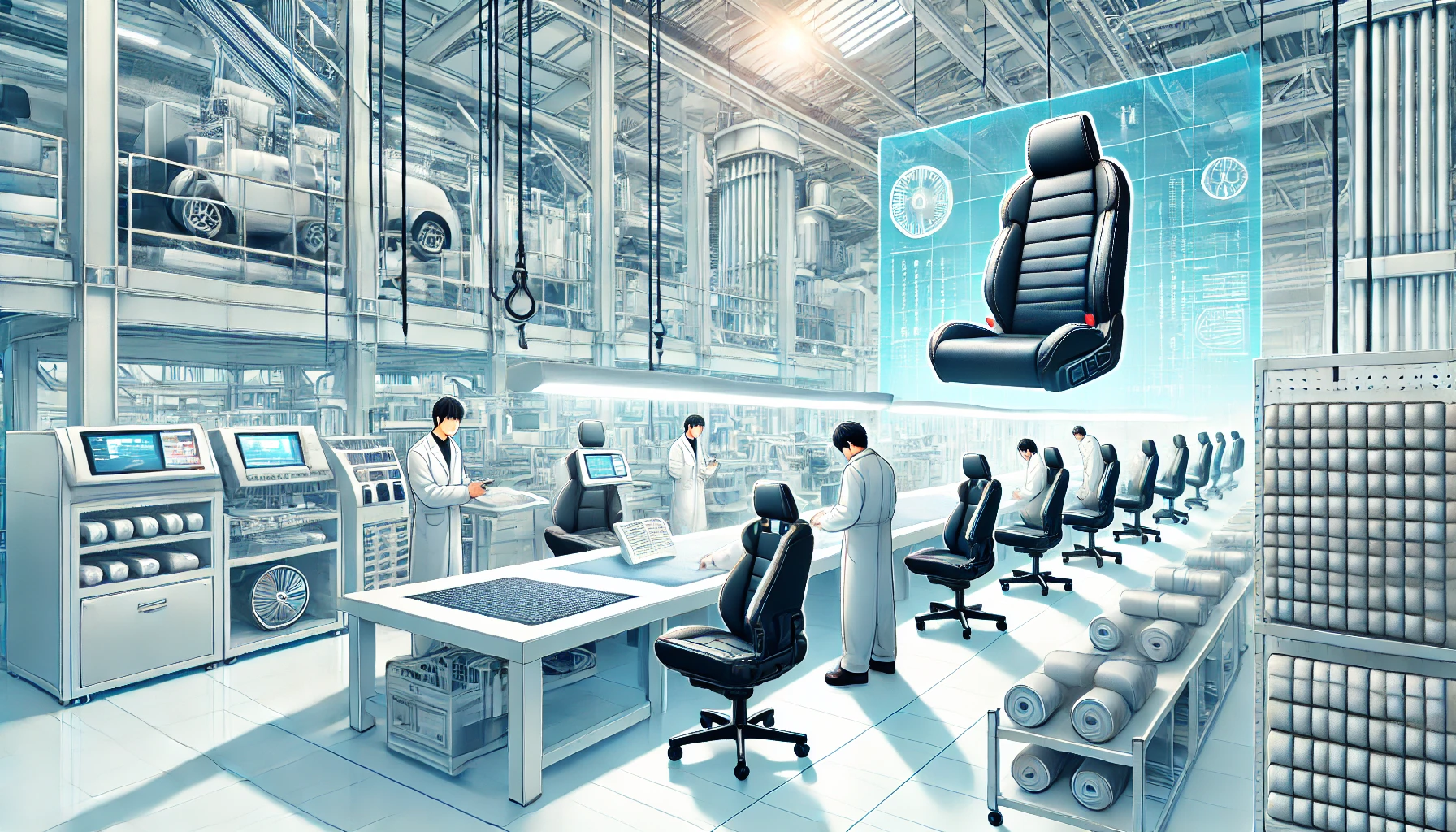 An illustration of a modern manufacturing facility focused on synthetic leather car seat materials. The scene includes advanced machinery and Japanese technicians inspecting high-quality car seat covers. The environment is clean and well-organized, highlighting precision and quality in manufacturing.