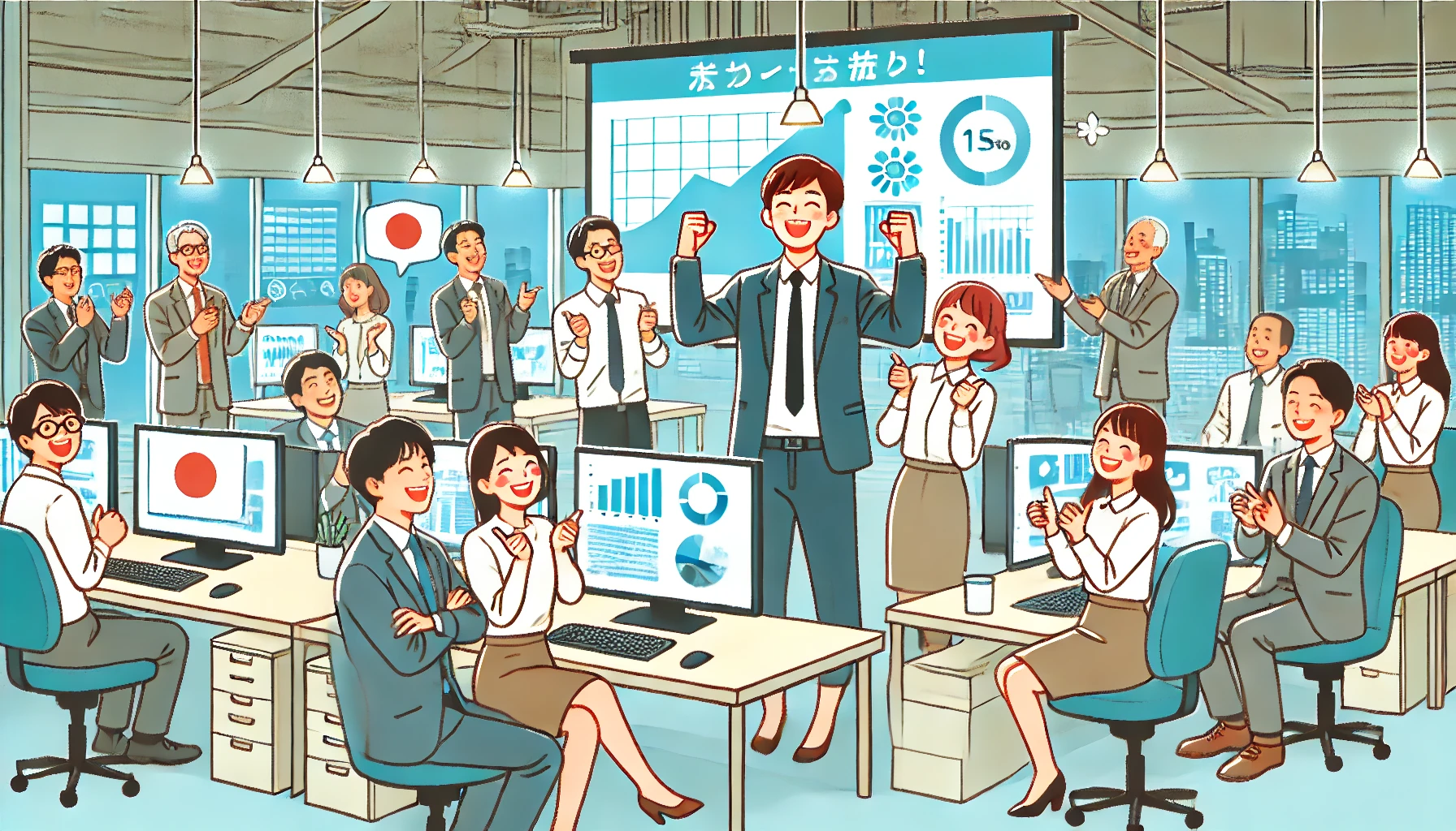 An illustration of a joyful office scene where Japanese employees are celebrating a successful project. The setting includes a modern office space with digital screens, smiling employees, and a celebratory atmosphere. The emphasis is on happiness and team spirit within the workplace.