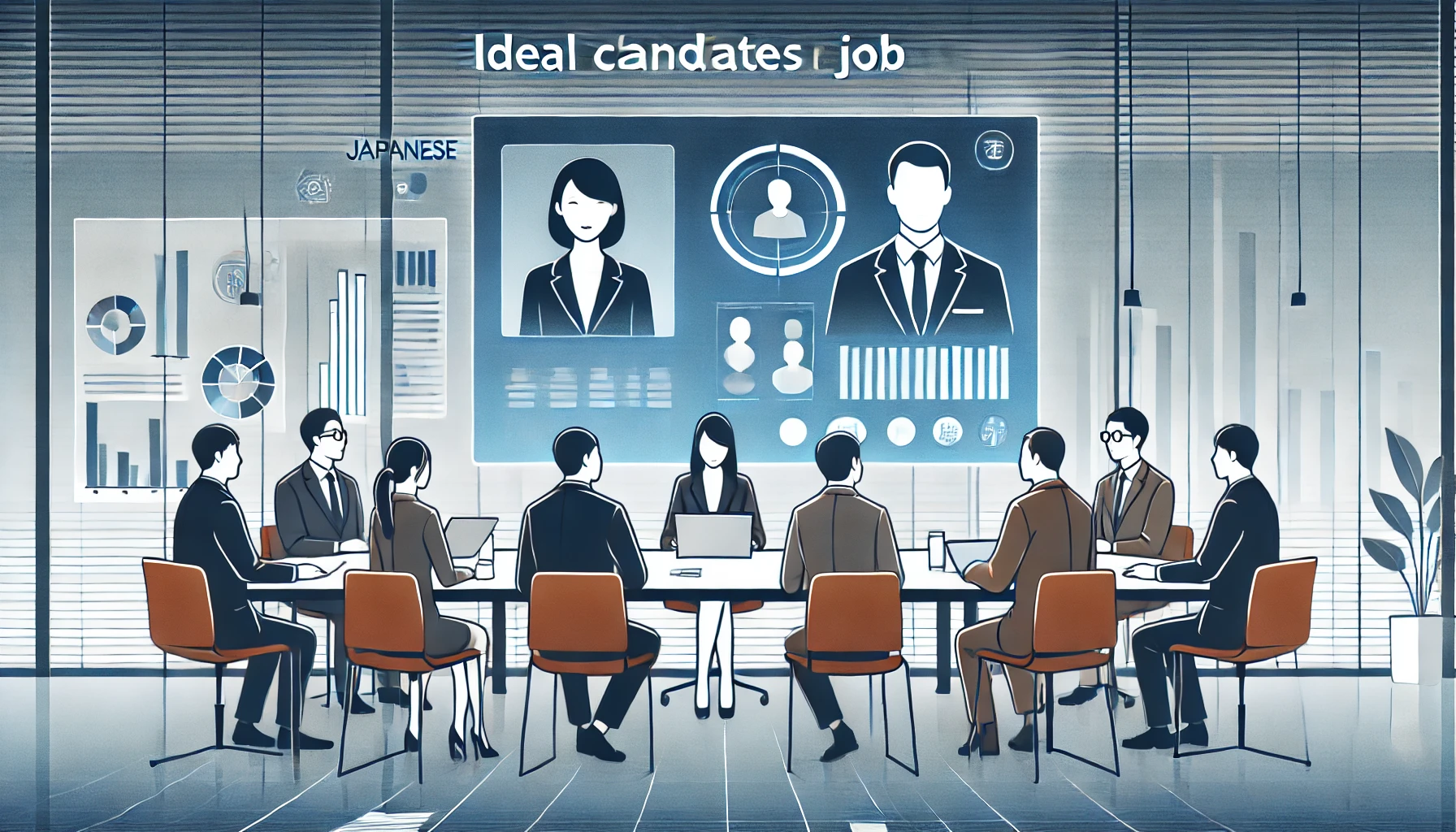 An illustration of a business meeting focused on discussing ideal candidates for a job position. The scene includes Japanese professionals in a modern conference room, with charts and graphs on digital screens. The environment is professional and collaborative, emphasizing the qualities and skills sought in prospective employees.