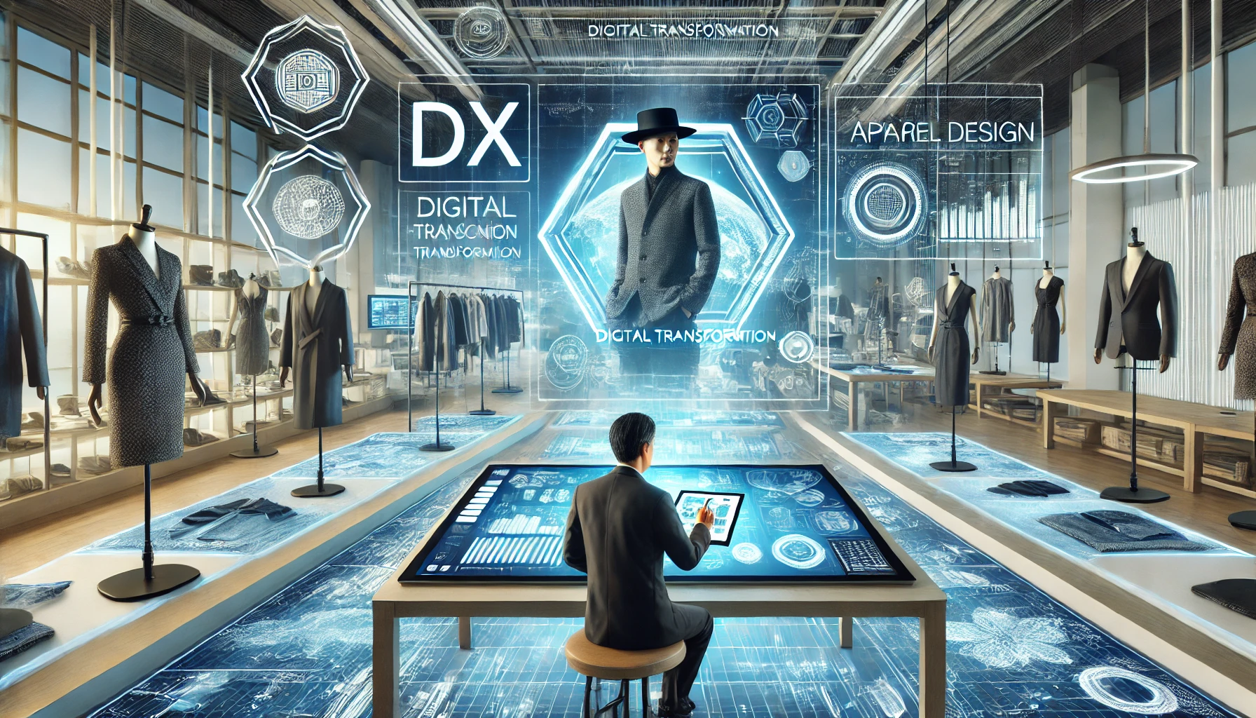 An illustration of a modern apparel design studio utilizing digital transformation (DX) technologies. The scene includes digital screens displaying various clothing designs and a Japanese designer working on a digital tablet. The setting is sleek and contemporary, emphasizing high-tech innovation and the future of apparel design.