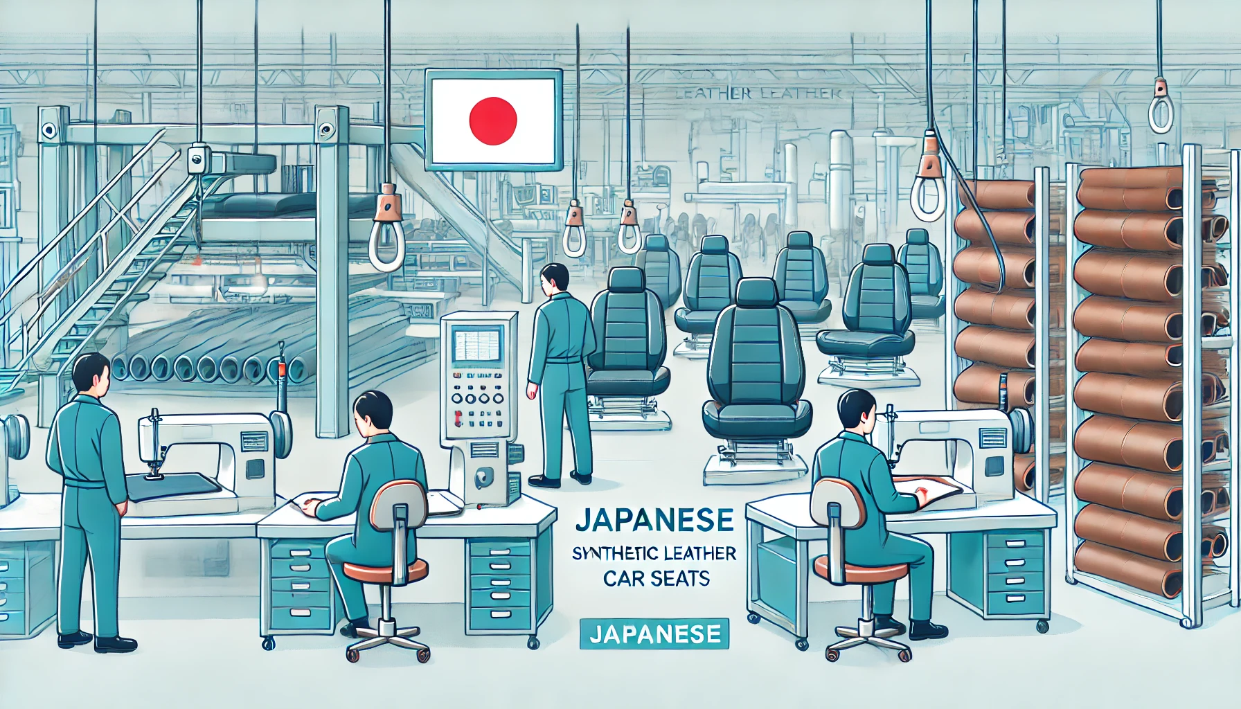 An illustration of a manufacturing facility focused on synthetic leather car seat materials. The scene includes advanced machinery and Japanese technicians inspecting high-quality car seat covers. The environment is clean and well-organized, highlighting precision and quality in manufacturing.