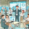 An illustration of a joyful office scene where Japanese employees are celebrating a successful project. The setting includes a modern office space with digital screens, smiling employees, and a celebratory atmosphere. The emphasis is on happiness and team spirit within the workplace.