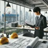 An office environment focused on the construction industry, showcasing desks with blueprints, hard hats, and technical drawings scattered around. A Japanese professional in business attire, reviewing documents related to technical outsourcing, is visible in the foreground. The office has a modern, minimalist design with large windows, providing a view of an urban landscape with cranes and construction sites in the distance.