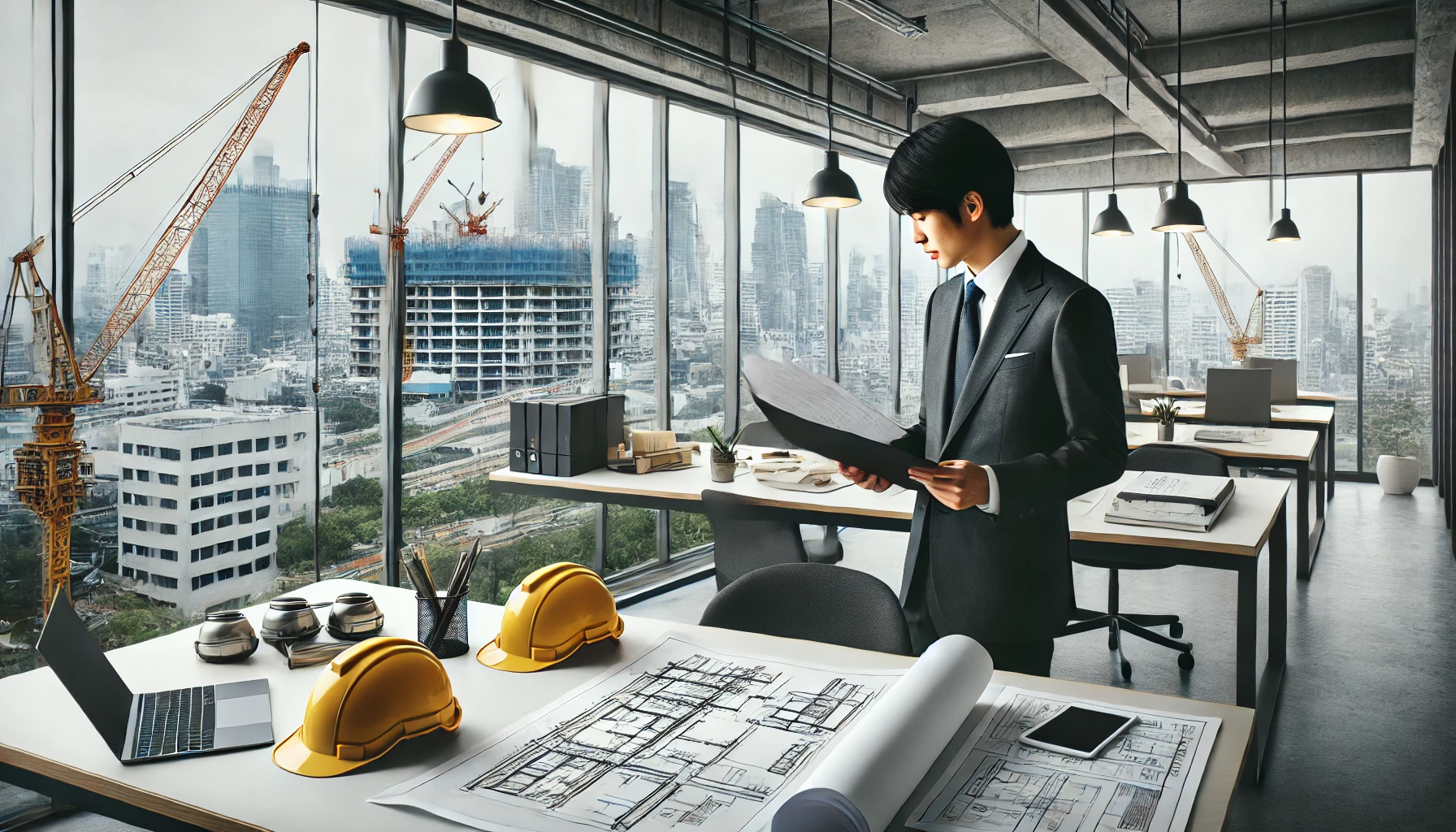 An office environment focused on the construction industry, showcasing desks with blueprints, hard hats, and technical drawings scattered around. A Japanese professional in business attire, reviewing documents related to technical outsourcing, is visible in the foreground. The office has a modern, minimalist design with large windows, providing a view of an urban landscape with cranes and construction sites in the distance.