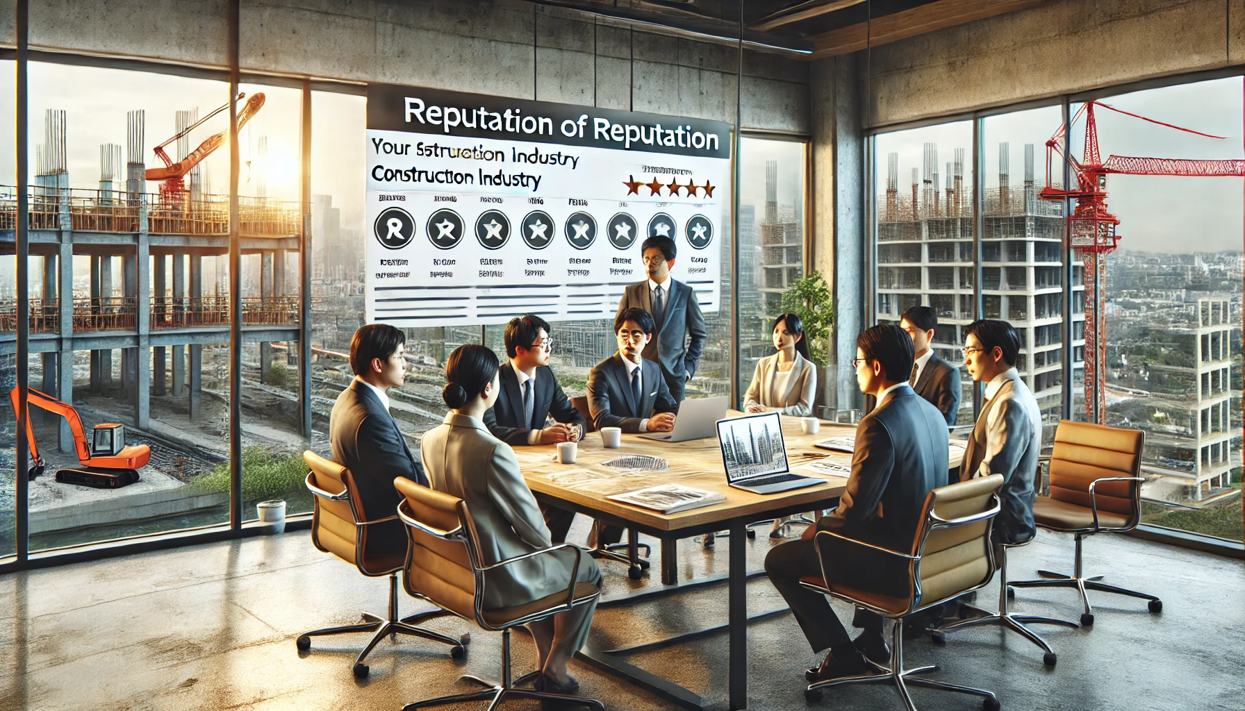 A modern office environment focused on the reputation of a construction industry company, with Japanese professionals discussing around a table. The desk is filled with documents, charts, and a laptop displaying customer feedback and reviews. The room has large windows with a view of construction sites in the background. A casual yet professional atmosphere with a focus on corporate image and reputation.