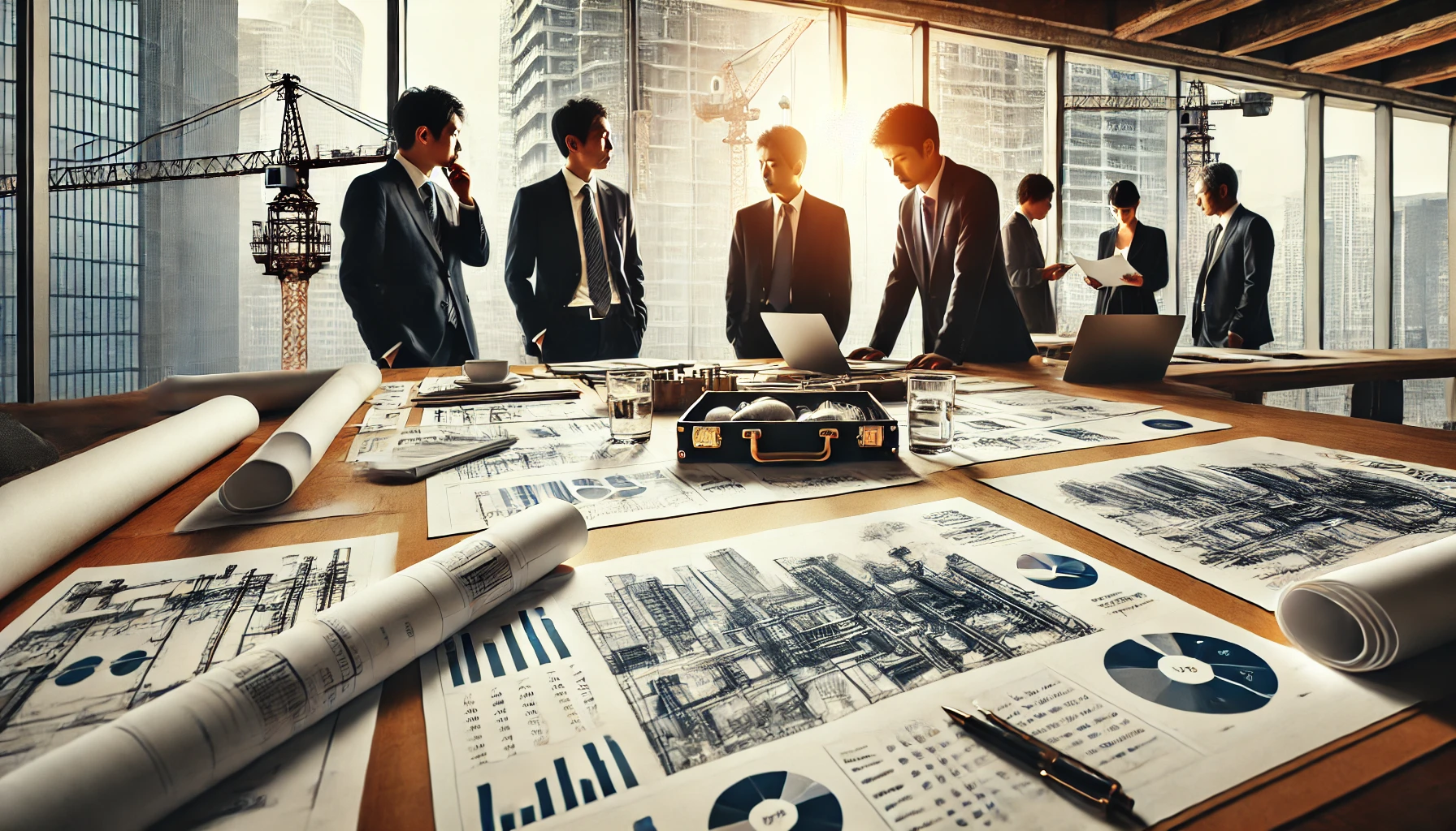 A professional office setting focused on the future of a construction industry company, with Japanese executives and engineers discussing expansion plans. Blueprints, financial reports, and charts are spread across the table. The atmosphere is forward-looking and strategic, with large windows showcasing cranes and ongoing construction projects in the urban landscape outside.