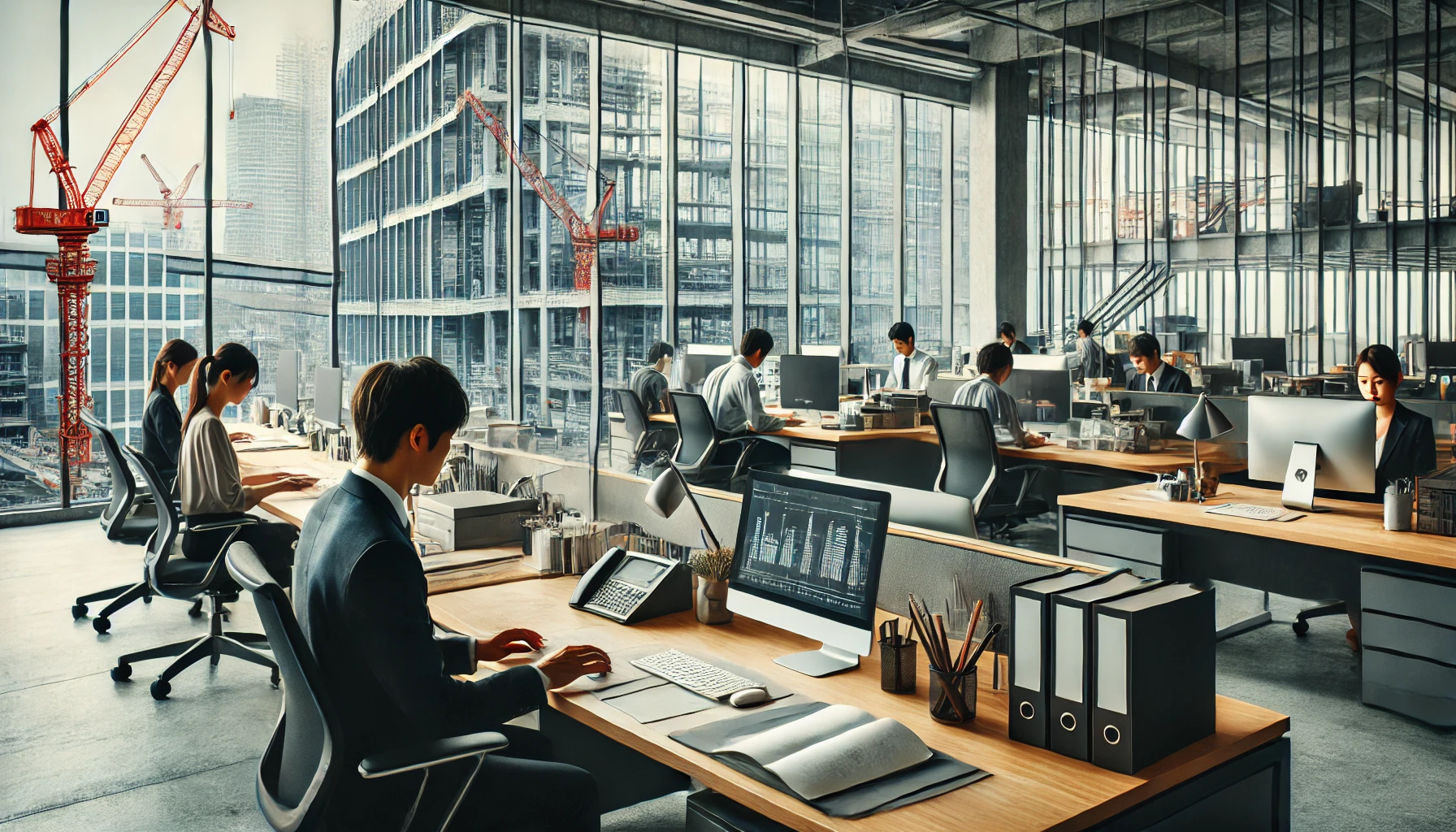 A modern office environment focused on administrative and office work in a construction industry company. Desks with computers, paperwork, and office supplies, with Japanese professionals engaged in clerical tasks. The office has a clean, organized atmosphere, with a large window view of an urban skyline with construction cranes in the background. A focus on efficiency and productivity in the administrative functions.