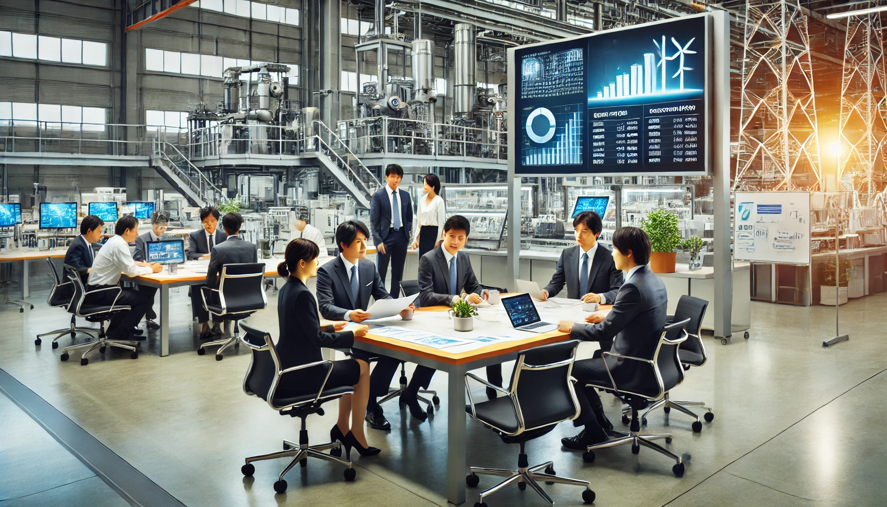 A modern office setting in a large material manufacturing company, with a focus on the metal and energy industries. Japanese employees in business attire are seen working together around a table, discussing projects. The environment is professional, clean, and features elements like metal tools, charts related to energy production, and some digital displays showing company performance and sustainable practices. The atmosphere is positive and collaborative.