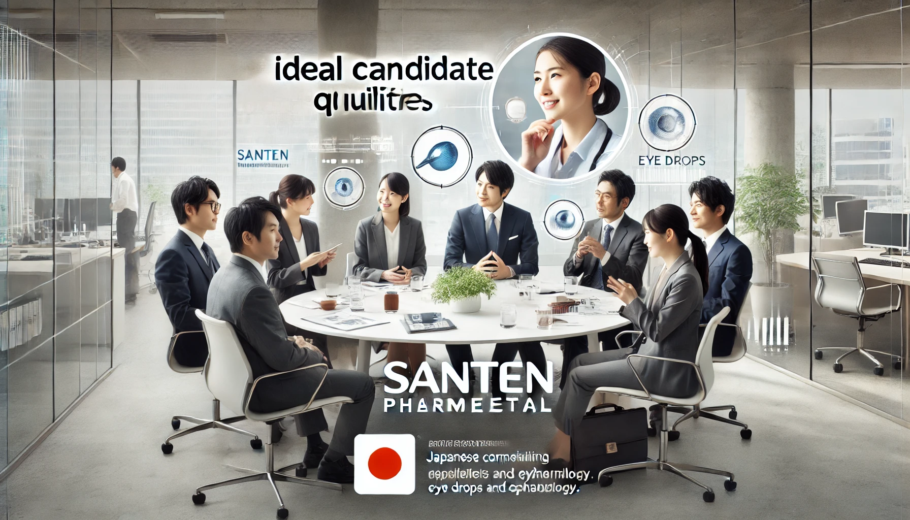 Santen Pharmaceutical, a Japanese company specializing in eye drops and ophthalmology, highlighting the ideal candidate qualities. The image features diverse Japanese professionals in a modern conference room discussing and collaborating, with a focus on teamwork and innovation.