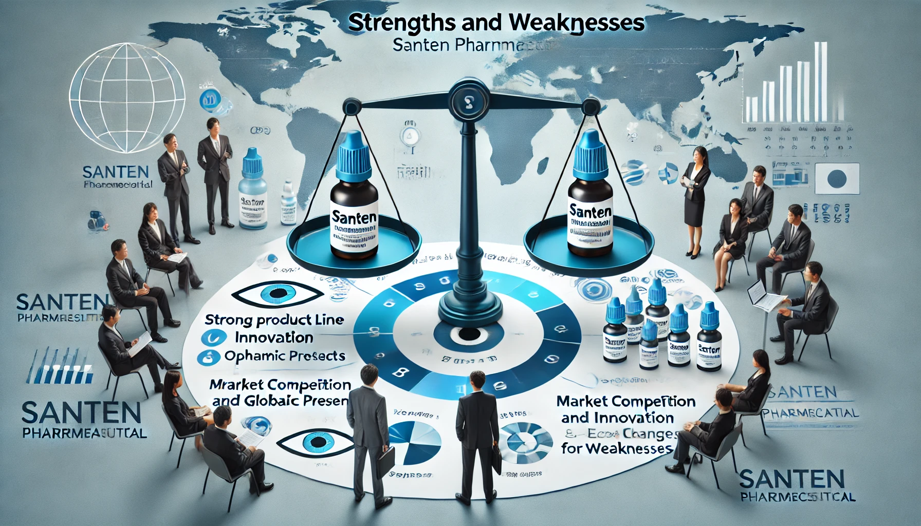 Strengths and weaknesses of Santen Pharmaceutical, a leading Japanese company specializing in eye drops and ophthalmic products. The image should show a balance, with strengths on one side and weaknesses on the other, including elements like strong product line, innovation, and global presence for strengths, and market competition and economic challenges for weaknesses. Include Japanese business professionals discussing the company's strategy.