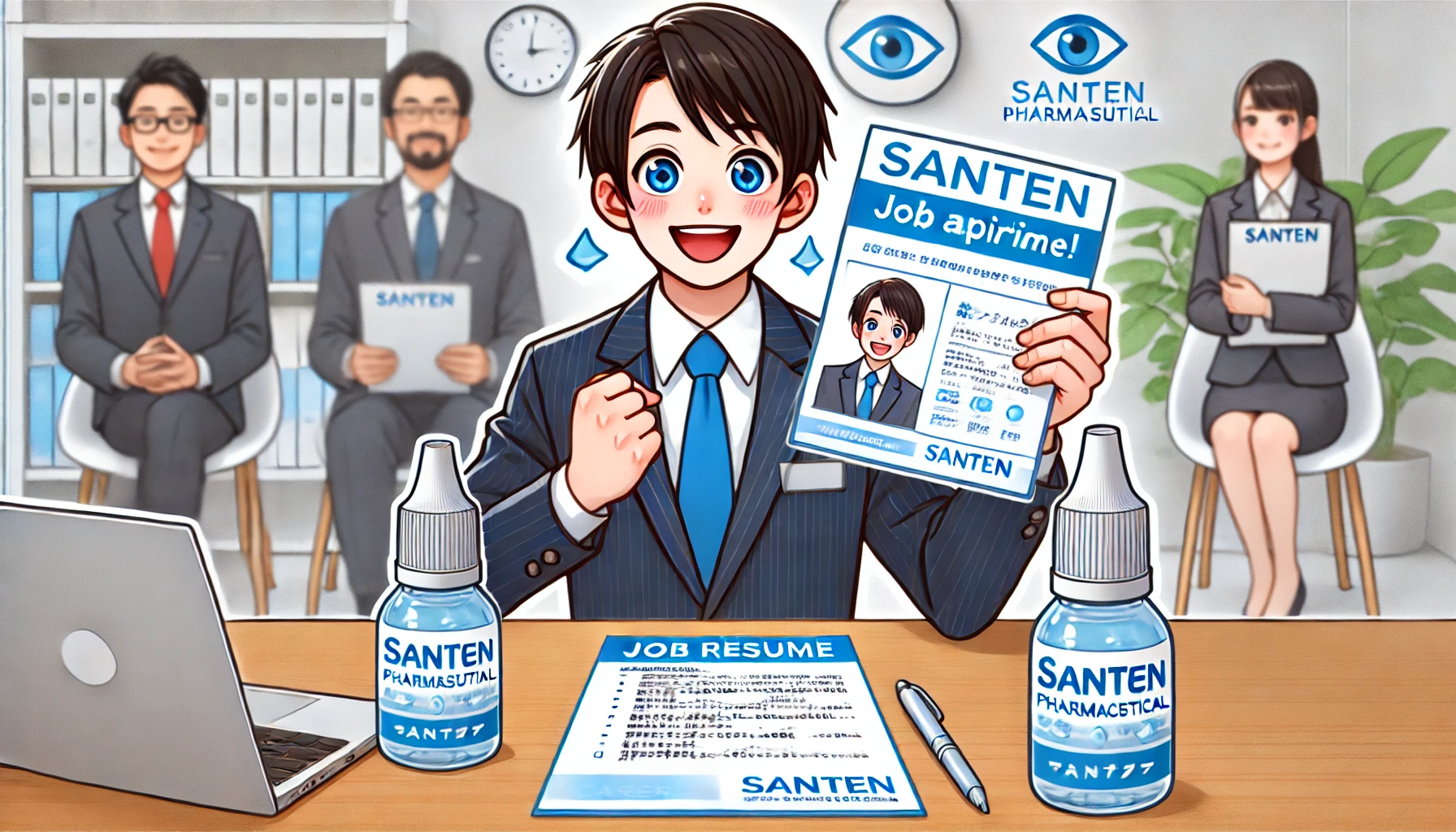 Career aspirations for joining Santen Pharmaceutical, a leading Japanese company in eye drops and ophthalmic products. The image should show a Japanese job applicant enthusiastically presenting their resume, with Santen's products and logo in the background. Emphasize a positive and professional atmosphere.