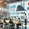 An analytical scene in a modern office representing Japan Steel Works, Ltd. The image includes Japanese engineers and business professionals discussing the strengths and weaknesses of power plant components and plastic molding machines. The setting is bright and collaborative, showcasing charts and data analysis on large screens. Emphasis on teamwork and strategic planning.