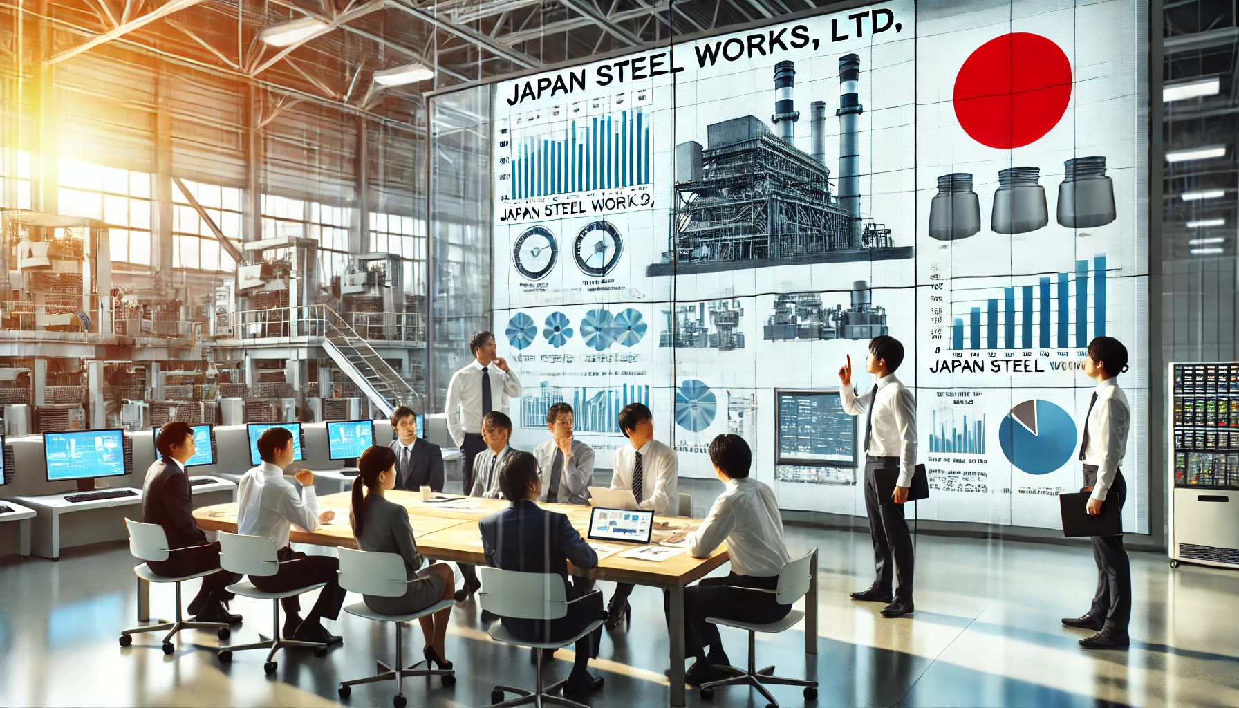 An analytical scene in a modern office representing Japan Steel Works, Ltd. The image includes Japanese engineers and business professionals discussing the strengths and weaknesses of power plant components and plastic molding machines. The setting is bright and collaborative, showcasing charts and data analysis on large screens. Emphasis on teamwork and strategic planning.