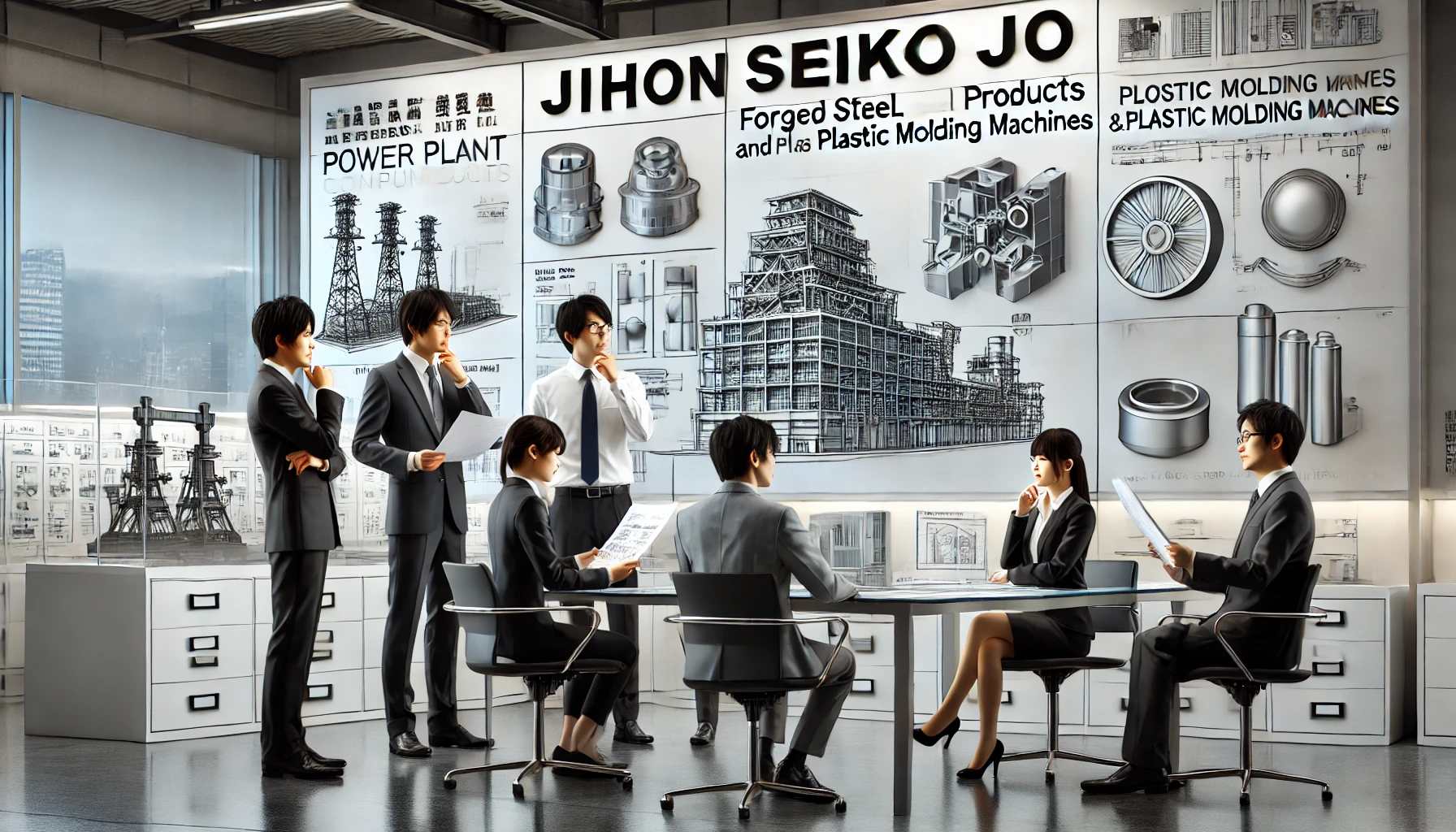 A modern office setting representing Japan Steel Works, Ltd. (Nihon Seikojo), a leading manufacturer of forged steel products and plastic molding machines. The office should have sleek design elements, with Japanese employees in professional attire, discussing and analyzing documents, with a focus on technical drawings or product designs. Background should show models or posters of power plant components and plastic molding machines, signifying the company's expertise in these areas.