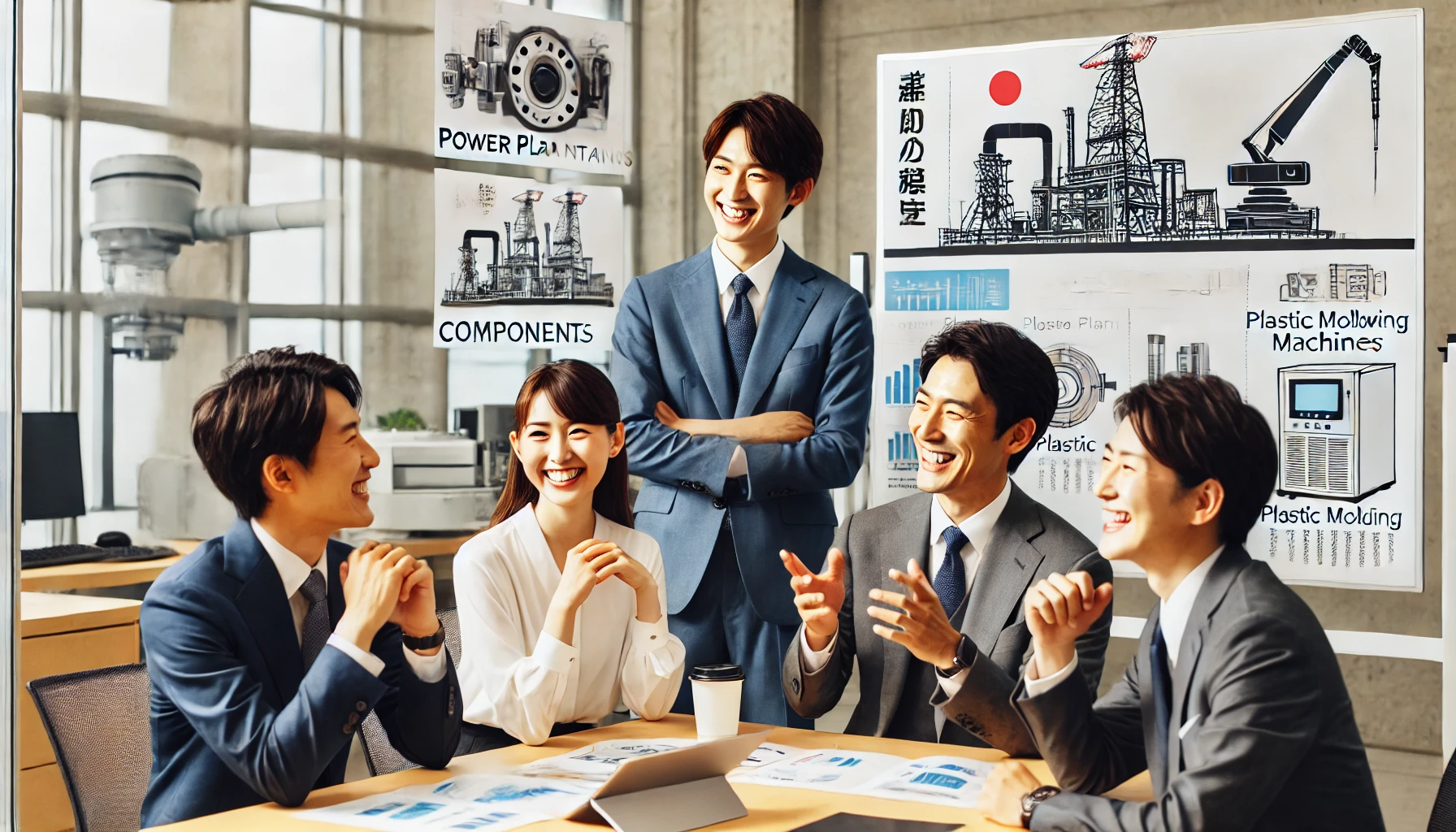 A positive and bright scene in a modern office at Japan Steel Works, Ltd., with Japanese professionals in a meeting. They are sharing ideas with enthusiasm, highlighting the opportunities for career growth and success within the company. The background shows posters of power plant components and plastic molding machines, signifying the company's expertise in these areas.