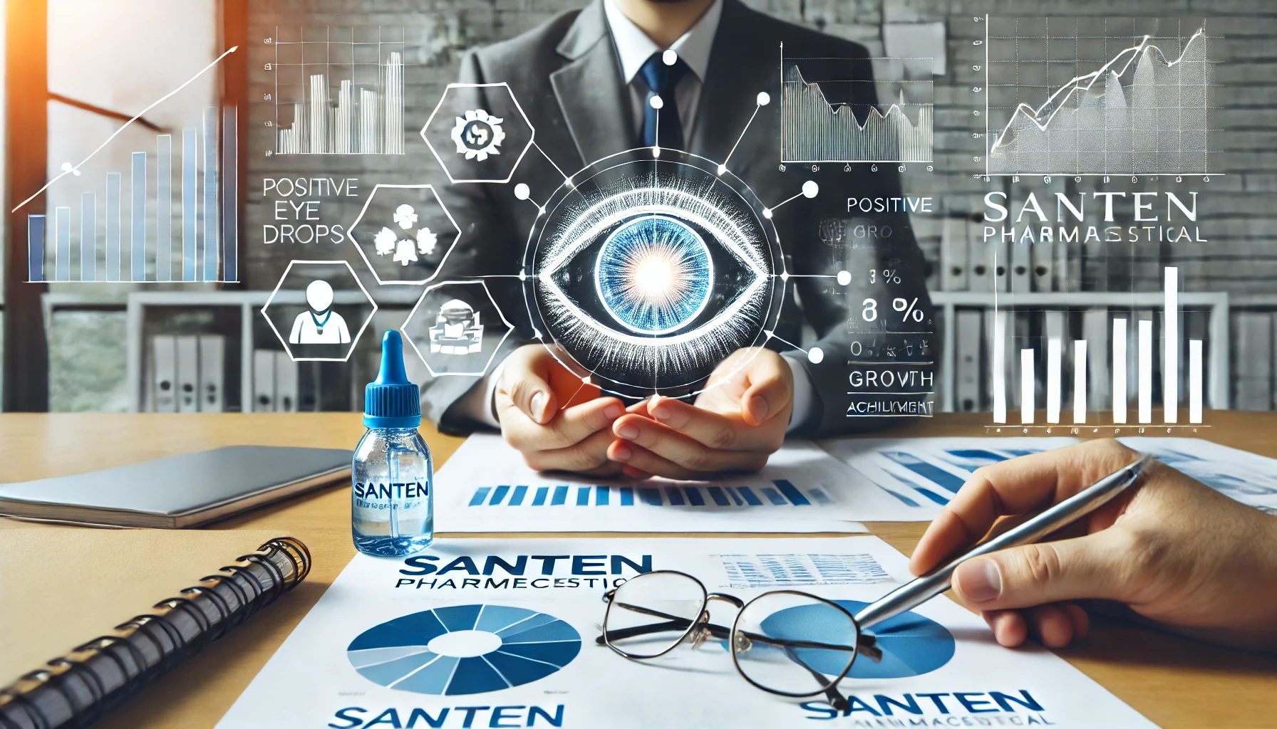 Clearing up misunderstandings about Santen Pharmaceutical, a Japanese company specializing in eye drops and ophthalmology, with positive imagery and factual information. The background should show a professional office environment with charts and graphs highlighting positive growth and achievements.