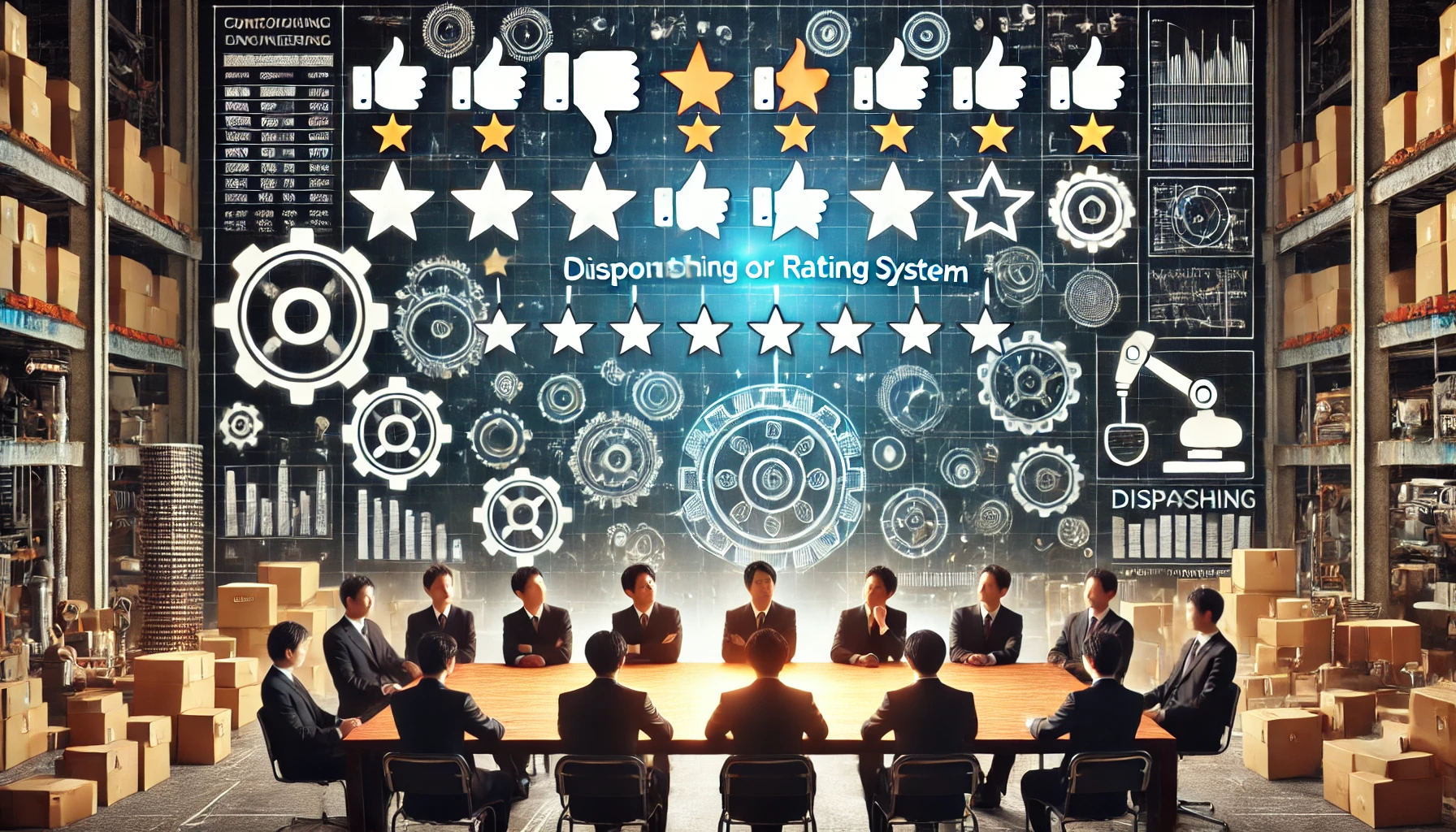 An image showing a review or rating system for a large company involved in dispatching a wide range of engineers in manufacturing and engineering fields. The scene includes icons like stars or thumbs up/down, representing customer or employee feedback. The background includes elements related to engineering, such as gears, blueprints, or technical tools. The setting is professional and technological, with Japanese individuals interacting with the review or feedback system.