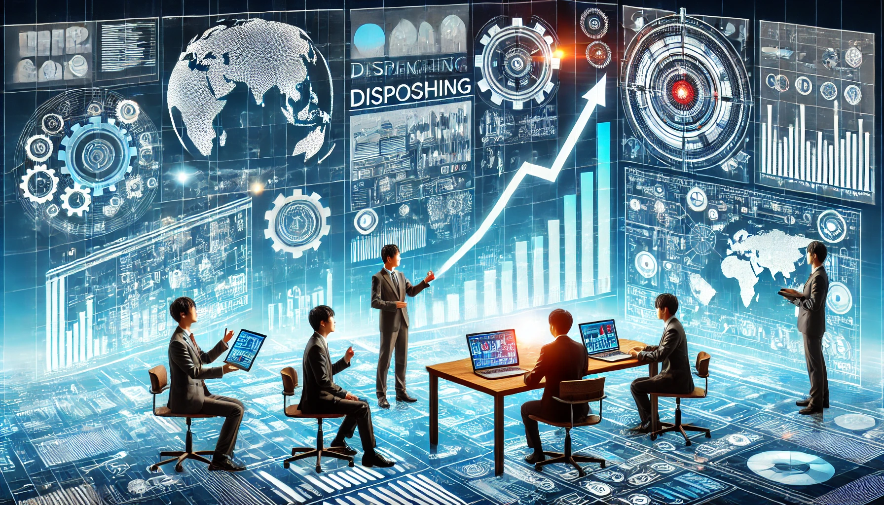 An image representing the future prospects of a large company involved in dispatching a wide range of engineers in manufacturing and engineering fields. The scene includes elements like a rising graph, futuristic technology, and engineers working on advanced projects. The background should convey a sense of growth, innovation, and progress. Japanese individuals are shown collaborating on high-tech devices or discussing future plans.