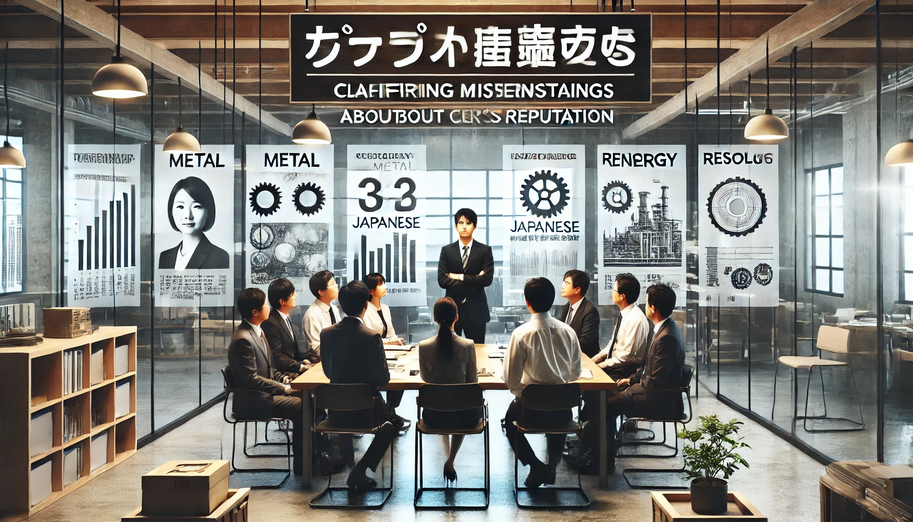 A professional setting of an office in a large material manufacturing company. The focus is on clarifying misunderstandings about the company’s reputation. The scene shows Japanese employees in a positive and open meeting, discussing and resolving concerns. There are charts on the walls displaying statistics about the company's performance in the metal and energy industries. The environment looks welcoming, modern, and efficient with glass partitions, clean lines, and a focus on transparency.