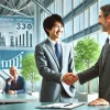 A happy, successful scene of a Japanese professional in business attire shaking hands with a manager in a large material manufacturing company. The scene is set in a modern office with large windows, green plants, and clean furniture. It represents a successful career transition in the metal and energy industries, with employees smiling and a sense of accomplishment in the air. Background elements include charts showing growth and sustainable practices in the company.