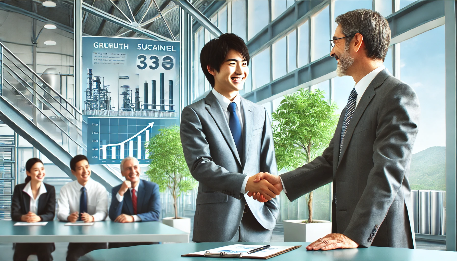 A happy, successful scene of a Japanese professional in business attire shaking hands with a manager in a large material manufacturing company. The scene is set in a modern office with large windows, green plants, and clean furniture. It represents a successful career transition in the metal and energy industries, with employees smiling and a sense of accomplishment in the air. Background elements include charts showing growth and sustainable practices in the company.