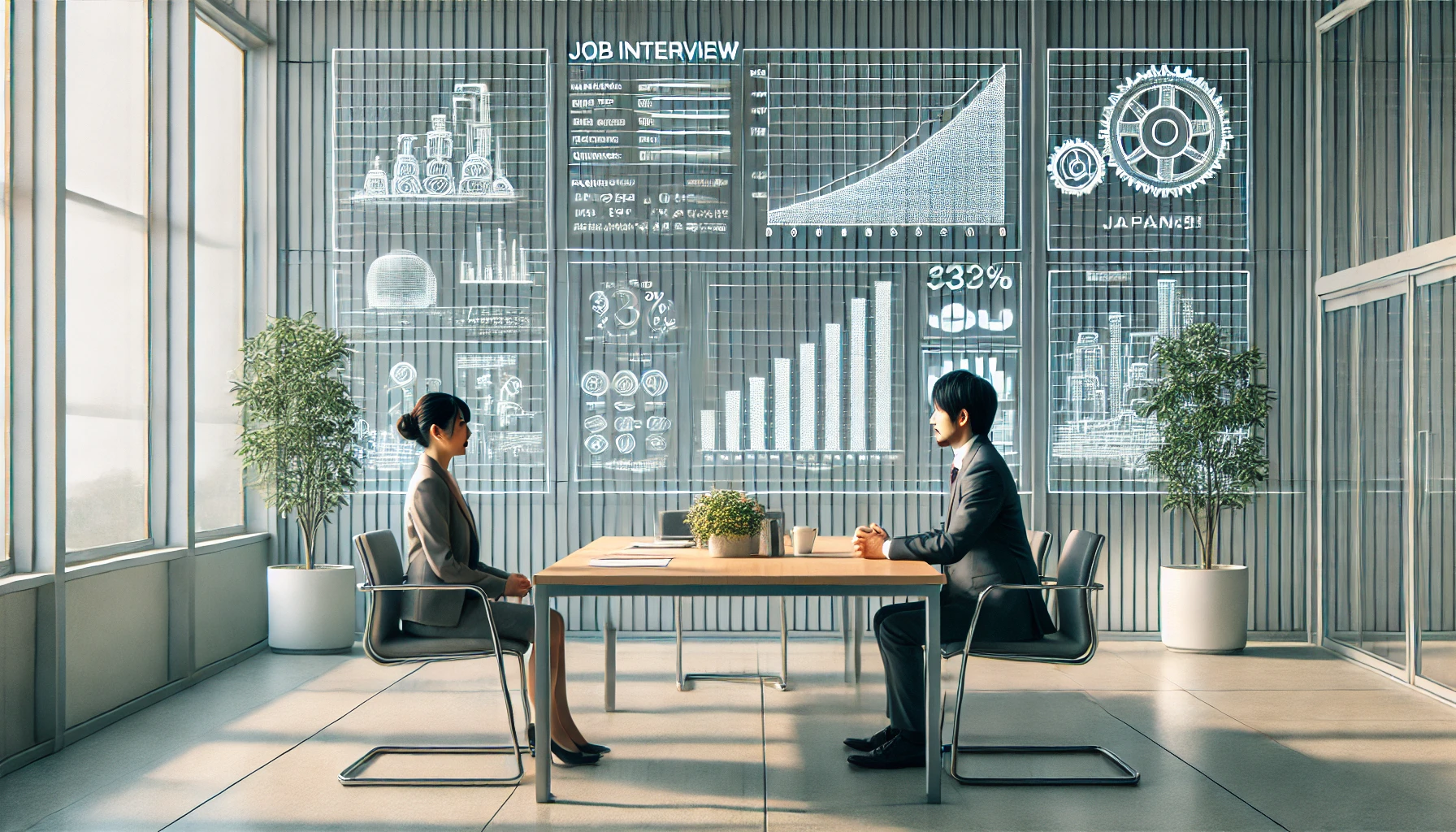 A modern office scene in a large material manufacturing company, focusing on a job interview for an open position. The interviewer, a Japanese manager, is sitting across the table from a candidate who appears confident and prepared. On the walls, charts and graphs related to the metal and energy industries are visible. The setting is clean, organized, and professional, with a focus on the company’s innovative culture and forward-thinking business approach.