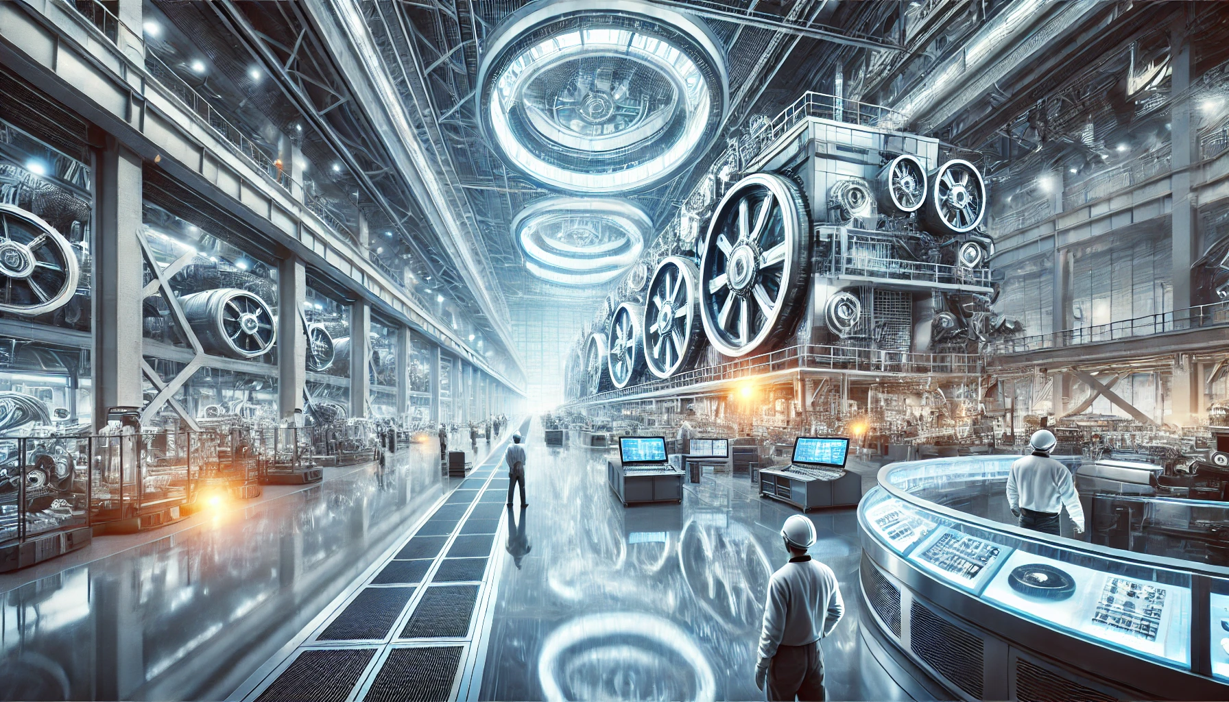 A futuristic industrial setting in a large material manufacturing company specializing in the metal and energy industries. The image shows modern facilities, advanced machinery, and large-scale production of materials. The scene emphasizes the company's future growth potential in both metal production and energy technologies. Workers are inspecting machinery in a clean, high-tech environment, representing innovation and progress.