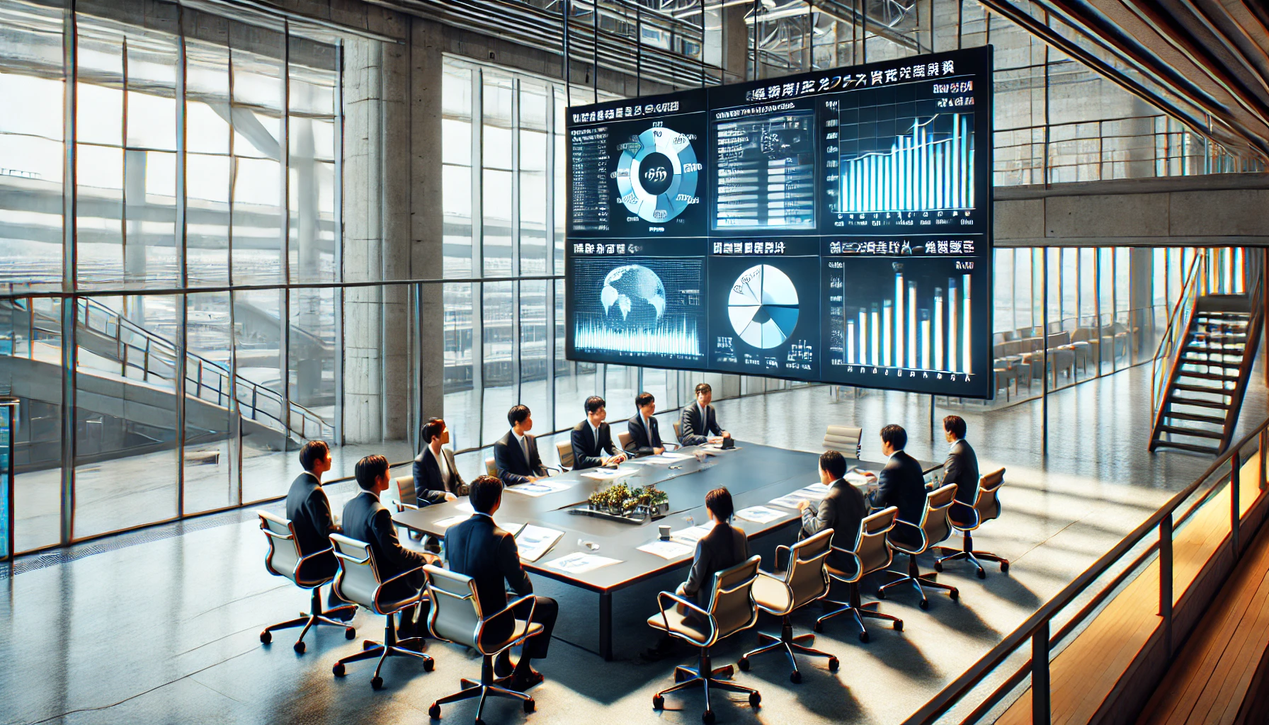 A modern office scene in a large material manufacturing company specializing in the metal and energy industries. Japanese employees are discussing the company’s strengths and weaknesses in a meeting room with charts and data on display. The environment is professional, with large windows, clean lines, and a focus on strategic planning and performance evaluation.