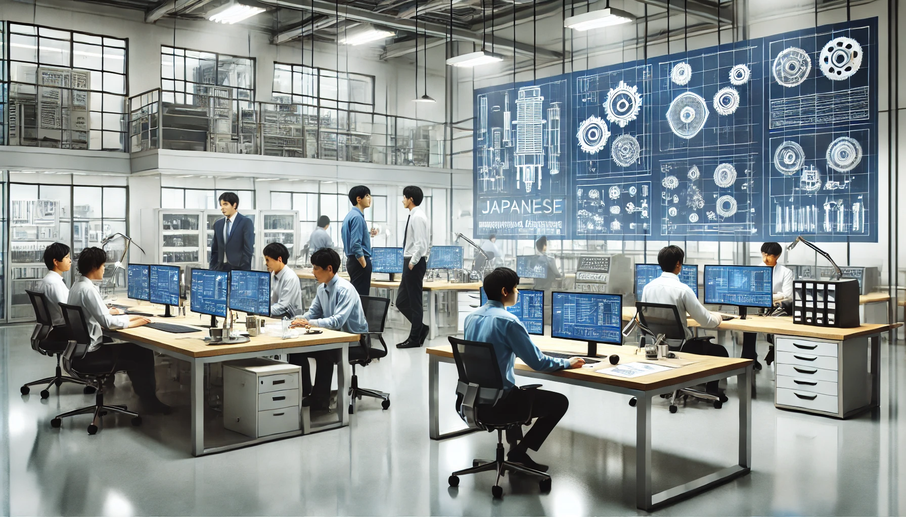 A modern office environment where a team of Japanese engineers is collaborating. The office is equipped with multiple computer screens, engineering diagrams on the walls, and a clean, professional atmosphere. There is a focus on manufacturing and engineering tools. The team is actively discussing and working on technical designs. The setting is bright and organized, reflecting a high-tech and innovative workspace in the manufacturing and engineering sector.