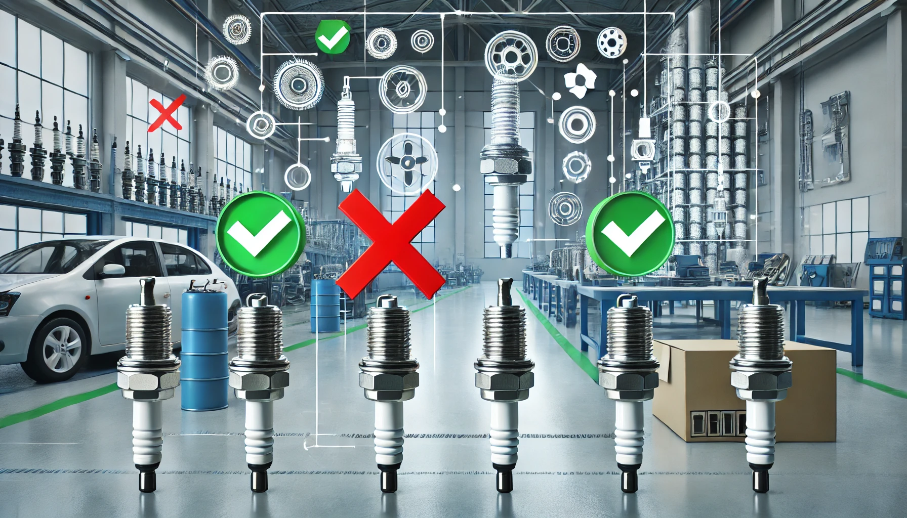 A modern industrial factory focusing on the production of spark plugs and ceramics products. The scene emphasizes correcting misunderstandings with visual elements like a red 'X' crossing out negative symbols like declining arrows or confusion clouds, and green check marks highlighting positive points. The setting is sleek and professional, with visible spark plugs and ceramics products on display.