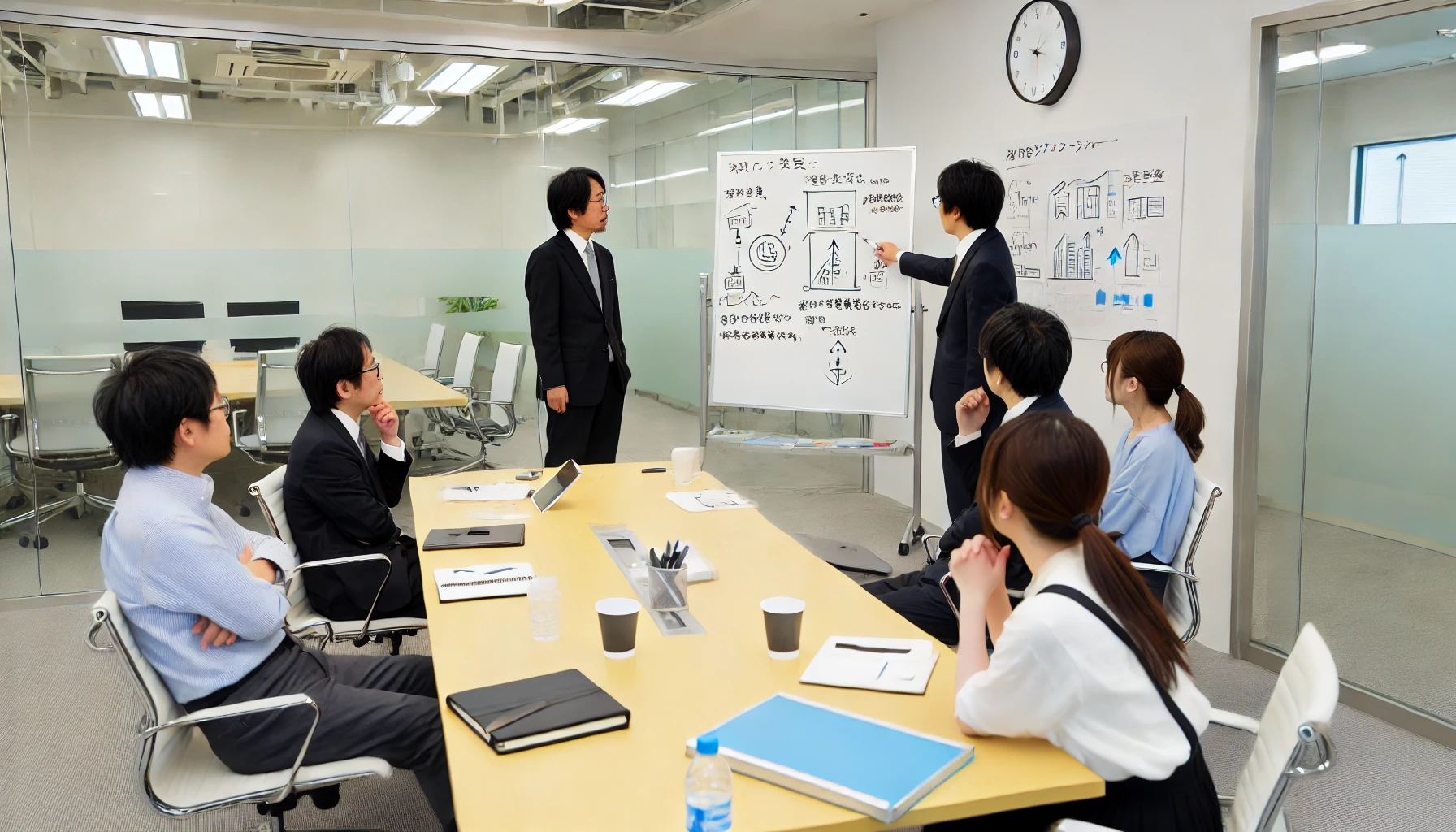 A group of Japanese professionals in a meeting room brainstorming and discussing the key traits and qualities required to work in an HVAC systems and building management company. The team is gathered around a whiteboard with sketches and ideas. The atmosphere is collaborative and creative, with modern office furniture and a focus on innovation and teamwork.