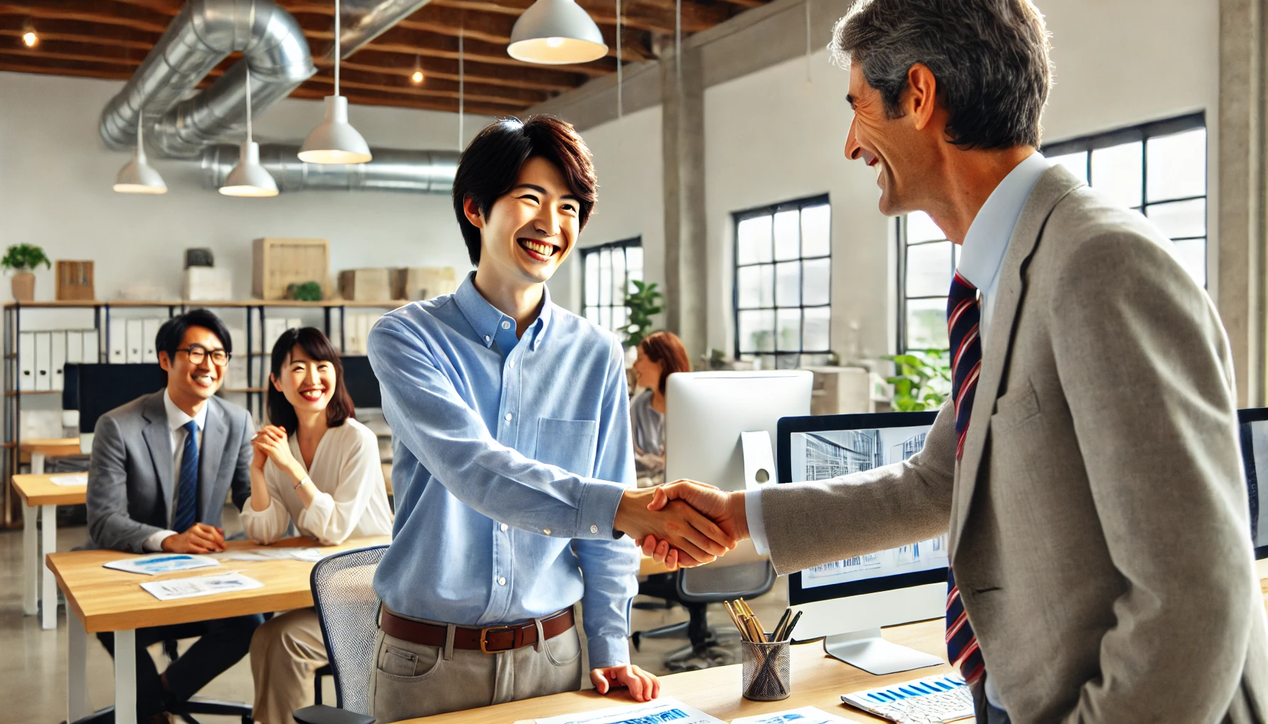 A happy Japanese employee shaking hands with a manager in a modern corporate office, celebrating their successful job transfer into the company. The atmosphere is positive, with smiling colleagues and light-filled surroundings, symbolizing a smooth and successful career transition into a company specializing in HVAC system design, construction, and maintenance. There are computers, documents, and office plants in the background, representing a welcoming work environment.