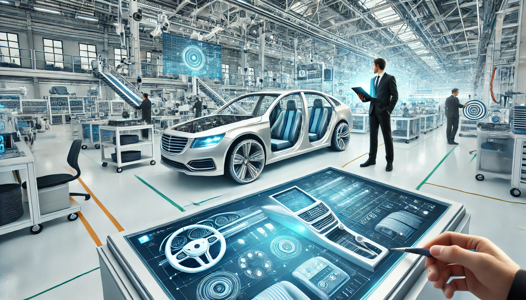 An image depicting the future prospects of a large automotive parts manufacturer specializing in interior materials such as rubber and resin products. The scene shows a futuristic, clean manufacturing facility with modern equipment producing advanced car interior components like dashboards, panels, and seats. In the background, an engineer is analyzing data on a tablet while overseeing the production process. The atmosphere is bright and forward-looking, highlighting innovation, advanced technology, and growth potential.