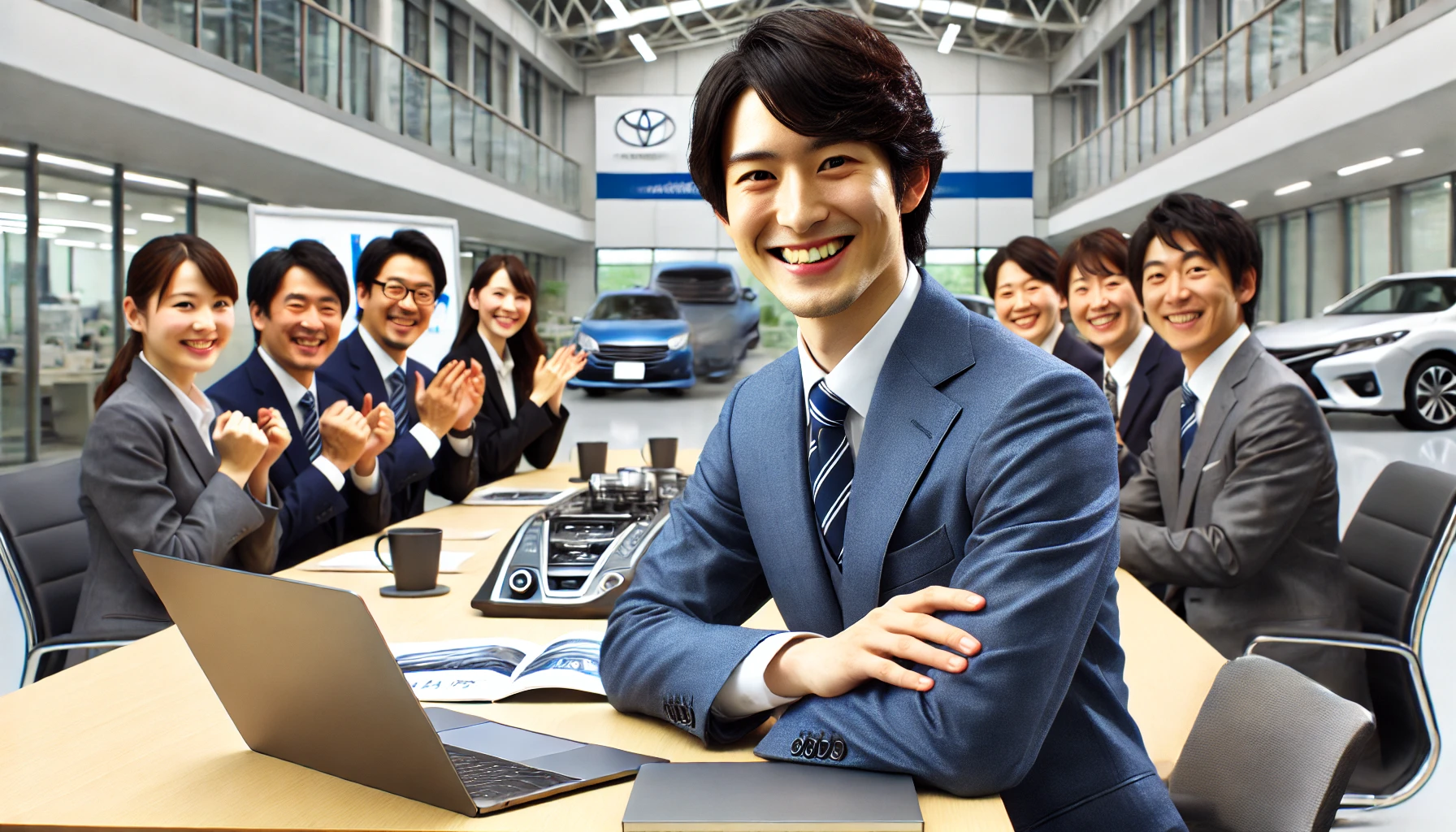 An image illustrating a happy career transition to a large automotive parts manufacturer specializing in rubber and resin products, particularly for interior materials. The image shows a Japanese professional smiling confidently in a modern office setting, surrounded by colleagues celebrating their new job. The office has a clean, contemporary design with a laptop on the desk, and company branding subtly visible. The atmosphere conveys career satisfaction, optimism, and a supportive team environment.