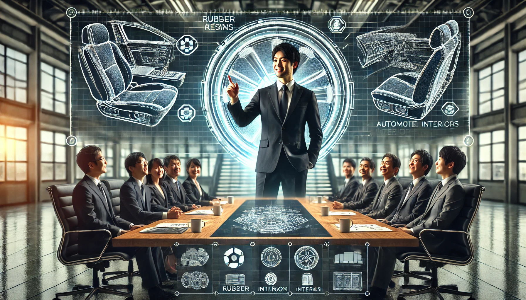 An image showing the ideal candidate for a large automotive parts manufacturer specializing in rubber and resin products, particularly for interior materials. The image shows a Japanese professional confidently presenting to a group of colleagues in a high-tech meeting room, with automotive interior components and design plans visible on the table. The atmosphere emphasizes leadership, innovation, teamwork, and technical expertise. The professional is actively engaged in discussion, representing the proactive and collaborative mindset that the company seeks in candidates.