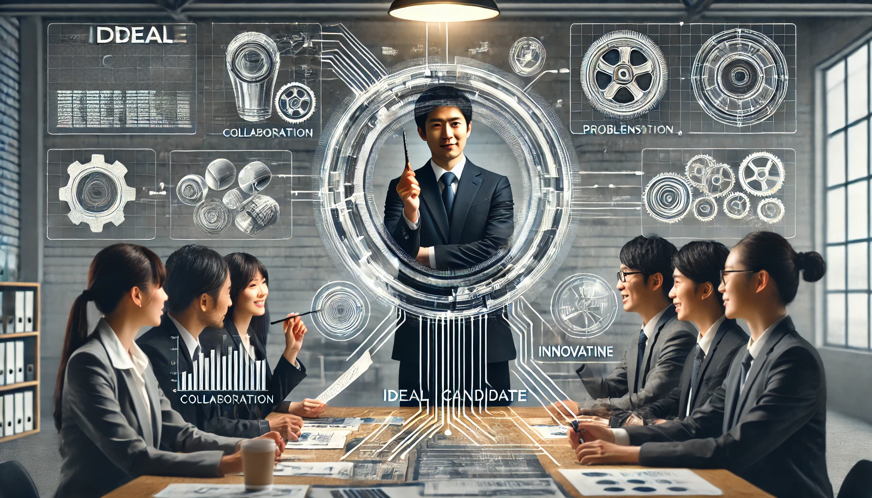 An image representing the ideal candidate for a large automotive parts manufacturer specializing in rubber and resin products. The image shows a Japanese professional engaged in teamwork with colleagues, demonstrating collaboration, problem-solving, and innovation. The candidate is shown presenting ideas to a group, with technical diagrams and product samples visible in the background. The setting is a high-tech office with modern equipment, highlighting creativity and technical expertise. The atmosphere emphasizes active participation, leadership, and a proactive attitude.