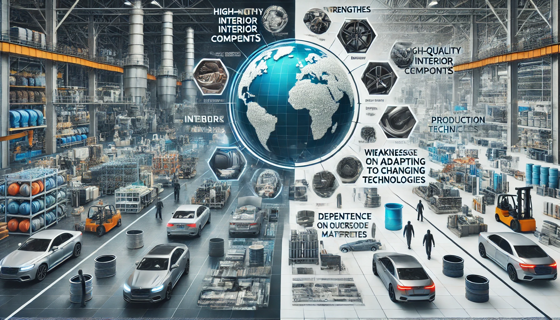 An image comparing the strengths and weaknesses of a large automotive parts manufacturer specializing in rubber, resin, and interior materials. The image is split into two halves: on one side, the strengths such as high-quality interior components, modern production techniques, and global reach are highlighted. On the other side, weaknesses like dependency on overseas markets and the challenge of adapting to changing technologies are represented. The overall setting is a professional manufacturing environment, with workers and advanced machinery in the background.