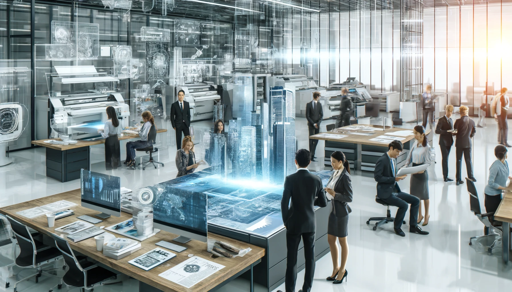 A modern office scene showcasing professionals working with advanced printing and digital technologies. People are discussing projects in a high-tech environment with large digital displays, papers, and futuristic printing machines. The atmosphere is professional, innovative, and collaborative, representing a company that blends printing technology with information technology to offer new societal value. The people in the image are Japanese professionals.