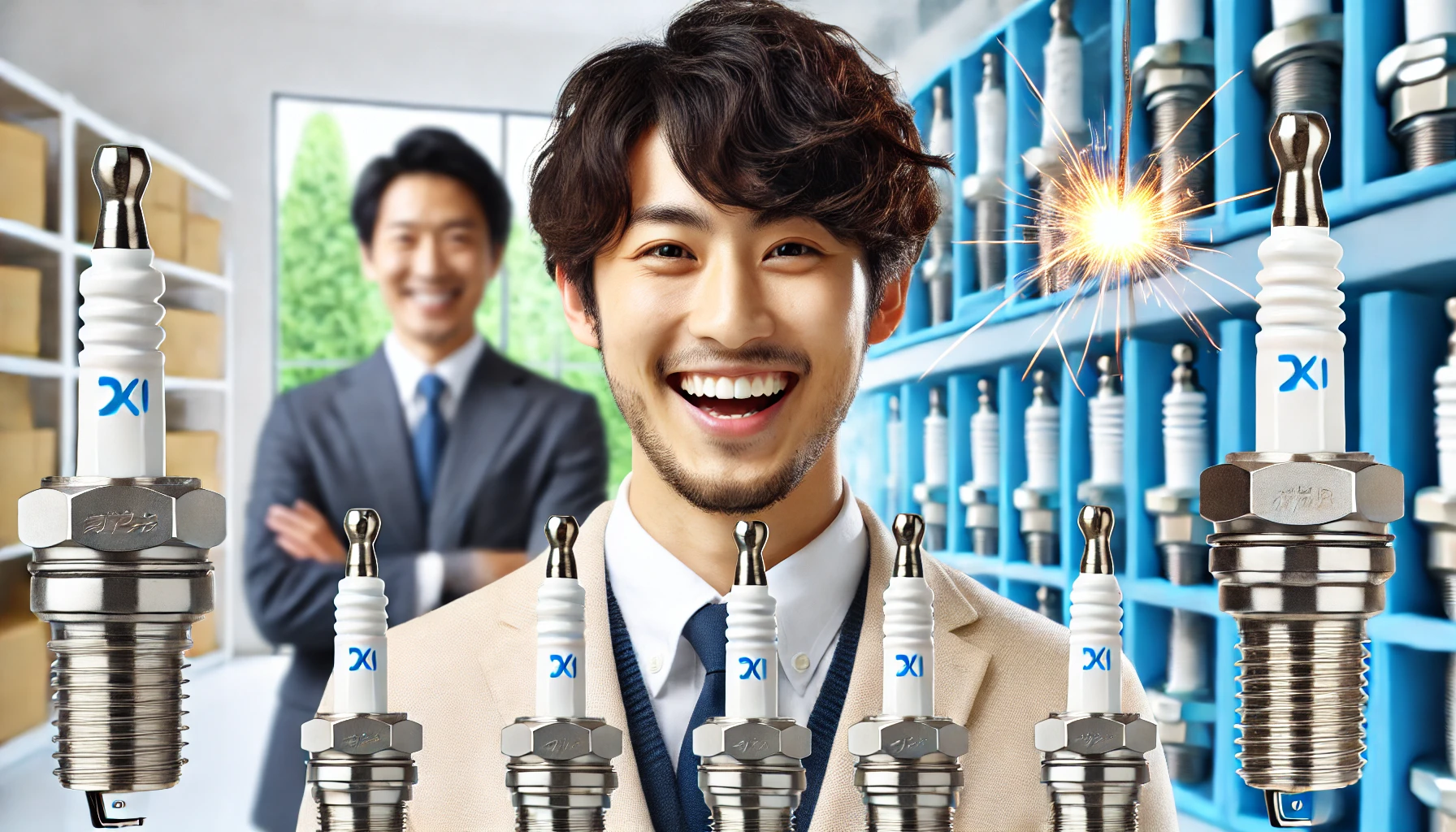 A joyful scene of a successful Japanese professional, happy about a new career at a company specializing in the production of spark plugs and ceramics products. The setting is a bright modern office with visible elements of product design and innovation. The person is smiling, looking confident, and excited about the future in a dynamic, growing company.