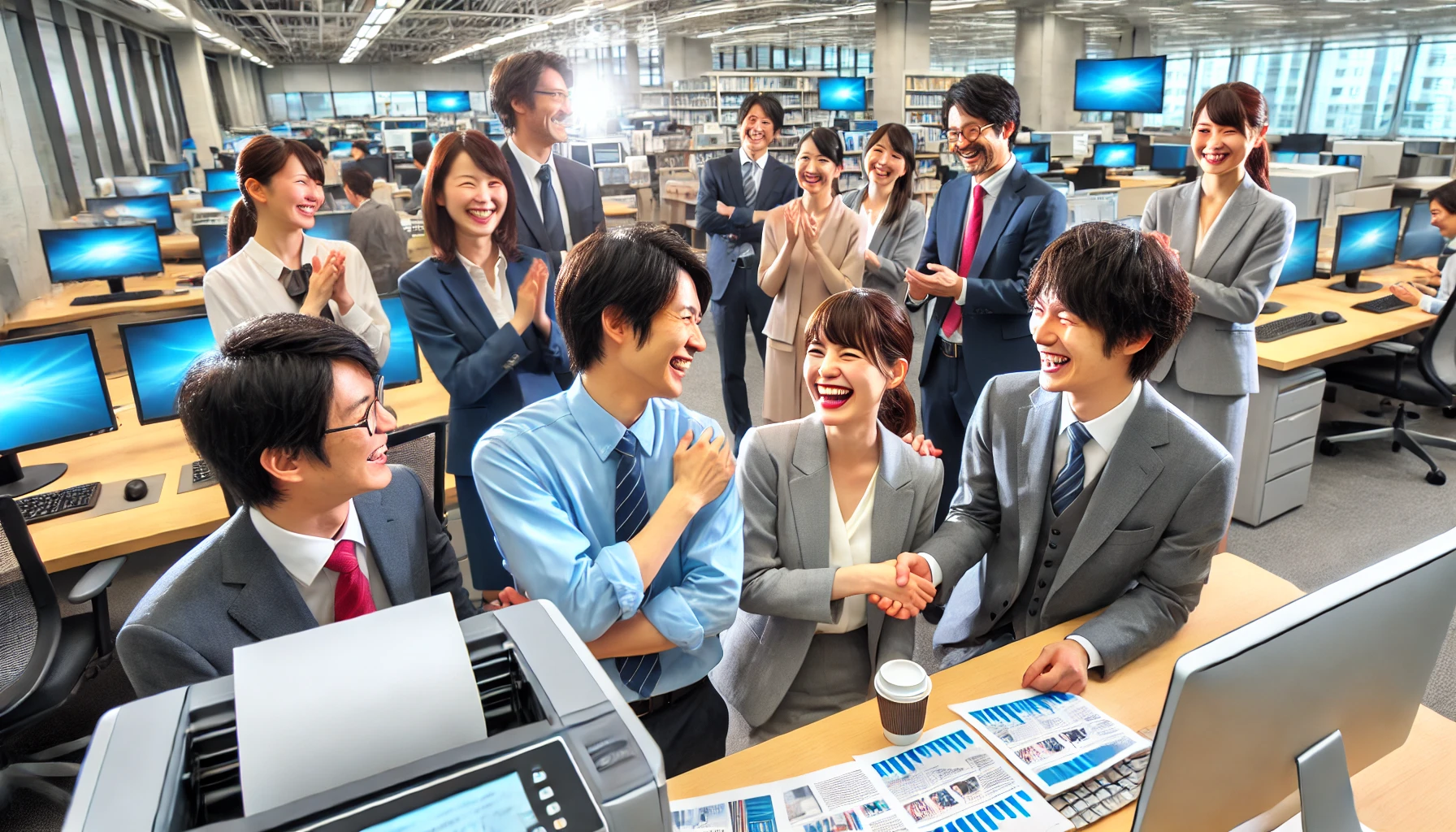 A joyful office scene showing professionals celebrating a successful job transition to a company that blends printing and digital technologies. Japanese employees are smiling, shaking hands, and sharing happiness in a modern workplace filled with digital displays and documents. The atmosphere is vibrant and positive, representing a happy career transition in an innovative and tech-forward company.