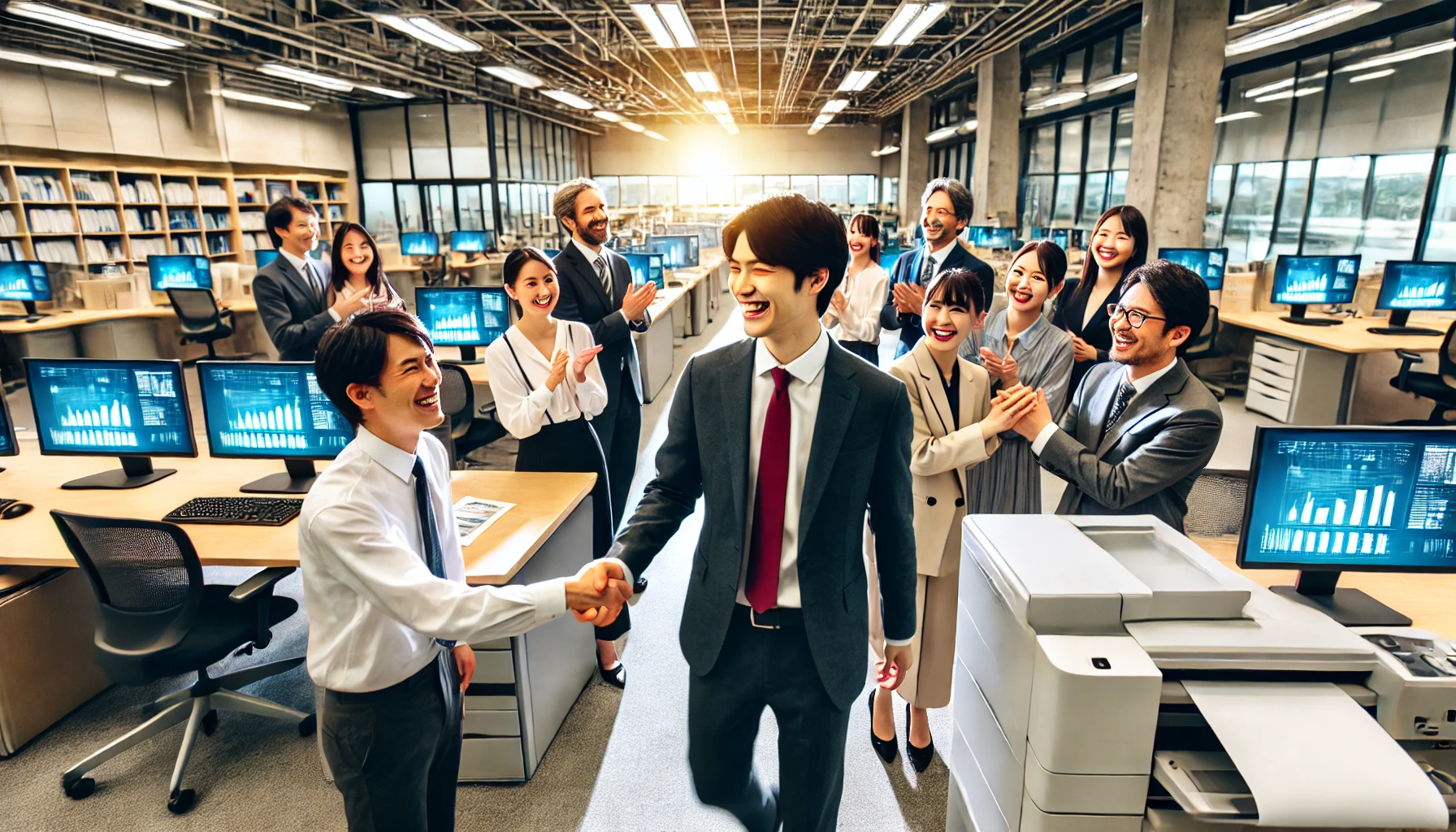 A joyful office scene showing professionals celebrating a successful career transition to a company that combines digital printing and information technology. Japanese employees are smiling, shaking hands, and feeling positive in a modern workplace filled with digital displays and papers. The atmosphere is vibrant and welcoming, symbolizing a happy and fulfilling job change at an innovative company.