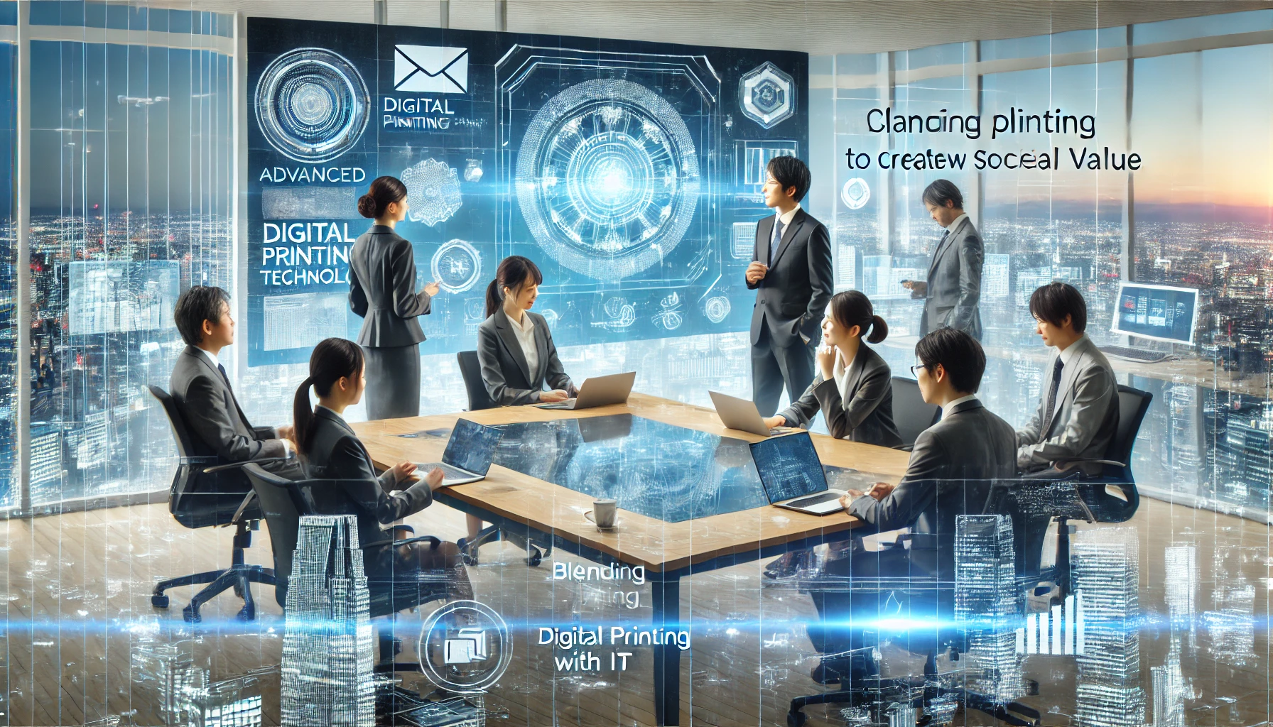 A futuristic office scene showcasing professionals working with advanced digital printing technologies and information technology. Japanese professionals are engaged in discussions and presentations about the future potential of their company, highlighting innovation and forward-thinking strategies. The environment is high-tech, filled with digital displays, papers, and devices, representing a company blending digital printing with IT to create new societal value.