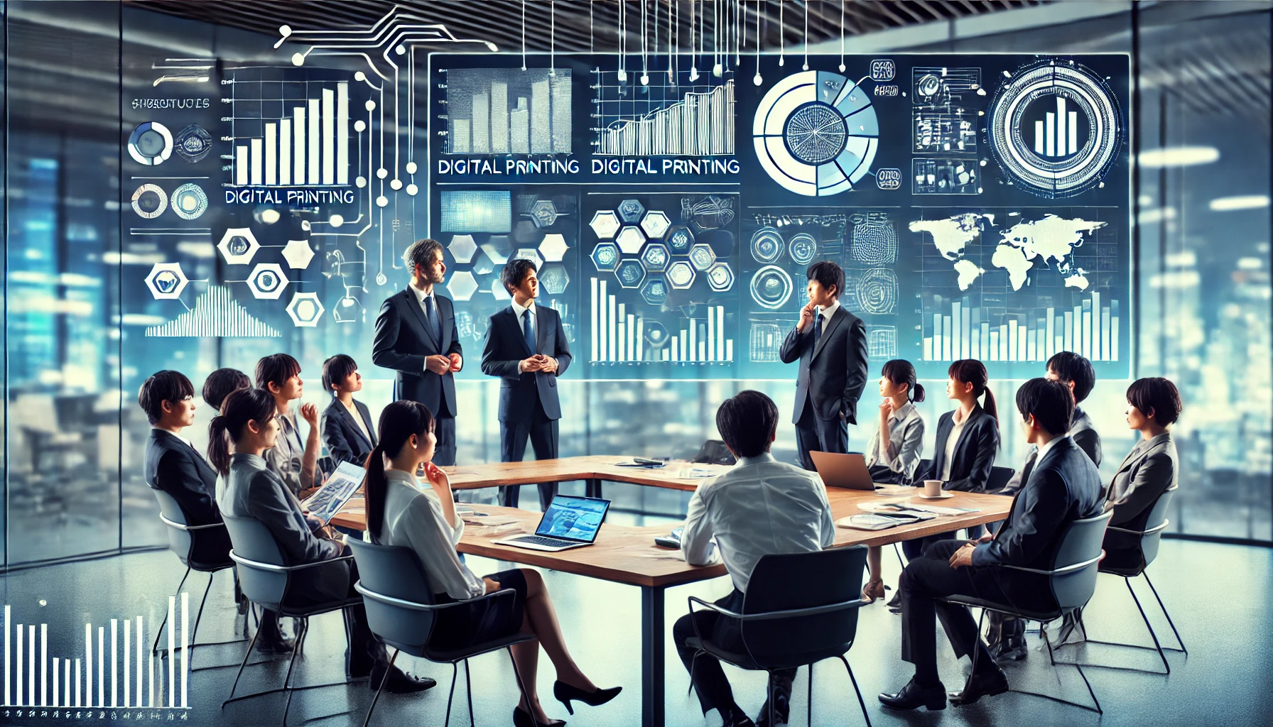 A scene in a modern office showing professionals discussing both the strengths and weaknesses of a company that combines digital printing and information technology. Japanese employees are engaged in a thoughtful meeting with charts, digital displays, and documents. The atmosphere is collaborative, with a focus on both the opportunities and challenges faced by the company, representing a balanced view of its business potential.