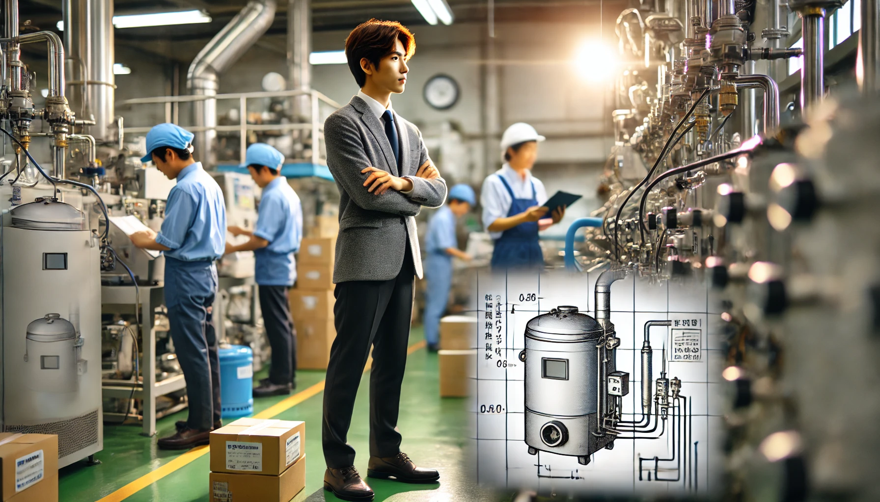 A professional image of a modern Japanese industrial company located in Ehime Prefecture, specializing in the manufacturing and sale of compact steam boilers for industrial use. The focus is on clearing up common misunderstandings about the company, highlighting positive aspects of their products and work environment. The image should show employees working diligently and showcasing their expertise, with clean, modern factory settings and satisfied employees in a bright and professional atmosphere.